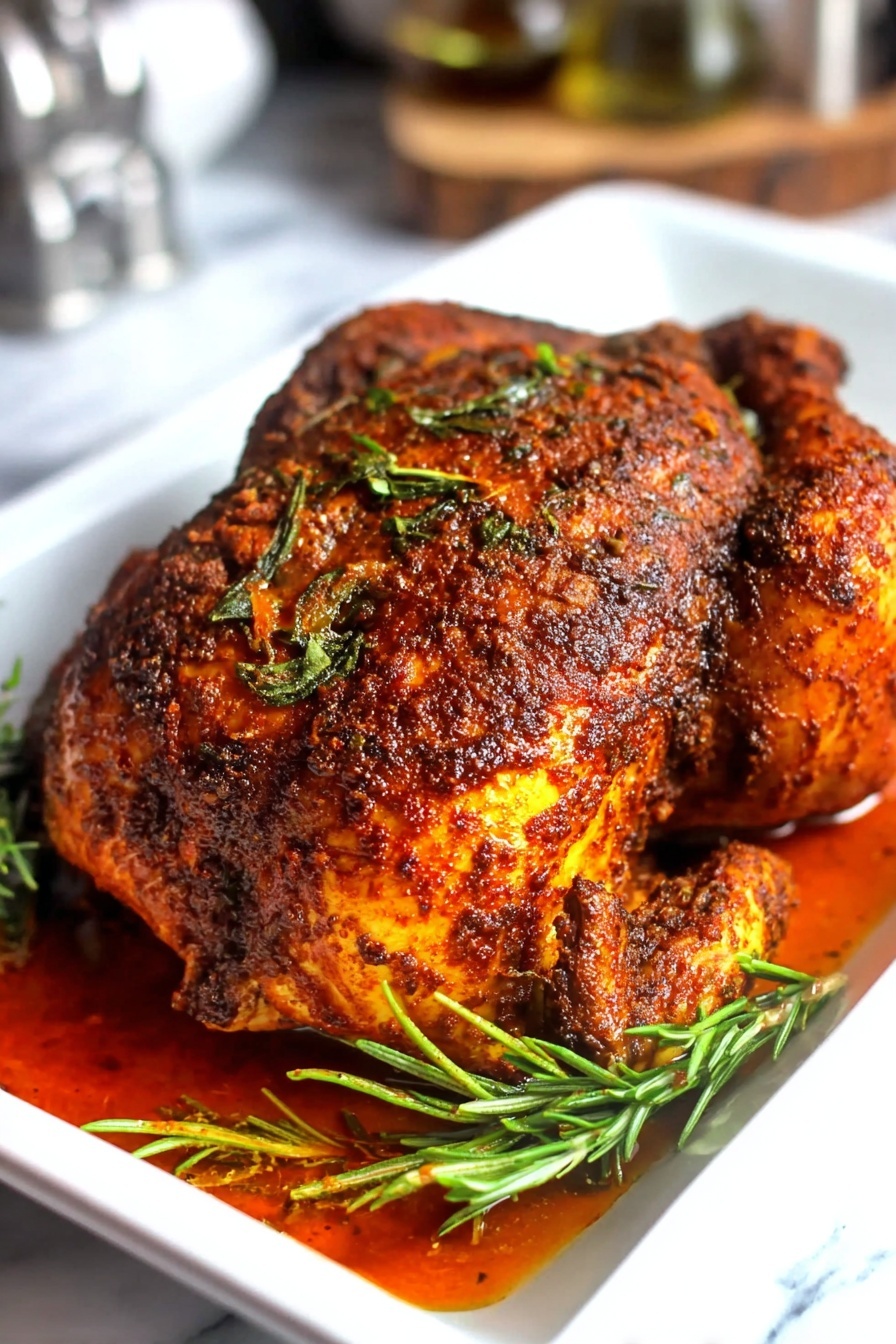 A whole roasted chicken with a dark brown and orange spicy crust sits in a white rectangular baking dish. The chicken is covered with rugged textured herbs and spices, creating a rich, slightly oily surface. Around the chicken, there is a deep amber-orange liquid mixed with herbs, including sprigs of fresh green rosemary. The white marbled background highlights the vibrant colors of the roasted chicken and sauce. photo taken with an iphone --ar 2:3 --v 7