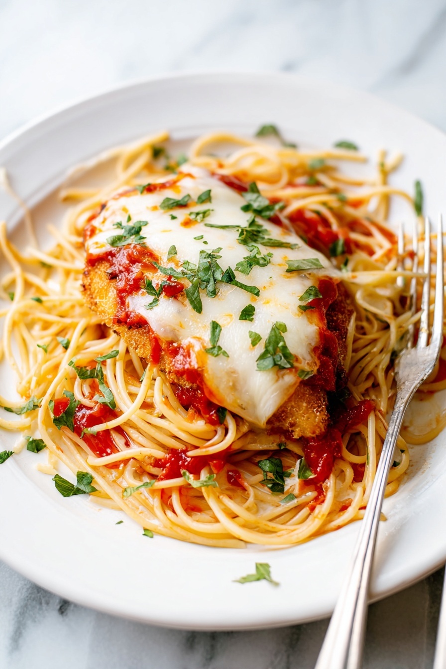 A white plate sits on a white marbled surface holding a layered dish. The bottom layer is a tangle of light yellow noodles spread loosely, with bits of red tomato sauce seen in between. On top of the noodles is a golden-brown breaded cutlet, with a textured crispy look and slightly darker edges. Over this cutlet is a bright red sauce, partially covered by a smooth layer of melted white cheese that shows soft, melted texture. Small green chopped herbs are scattered on top and around the dish, adding a fresh color contrast. A pair of forks rest on the left side of the plate, with their handles leaning outward. Photo taken with an iphone --ar 2:3 --v 7