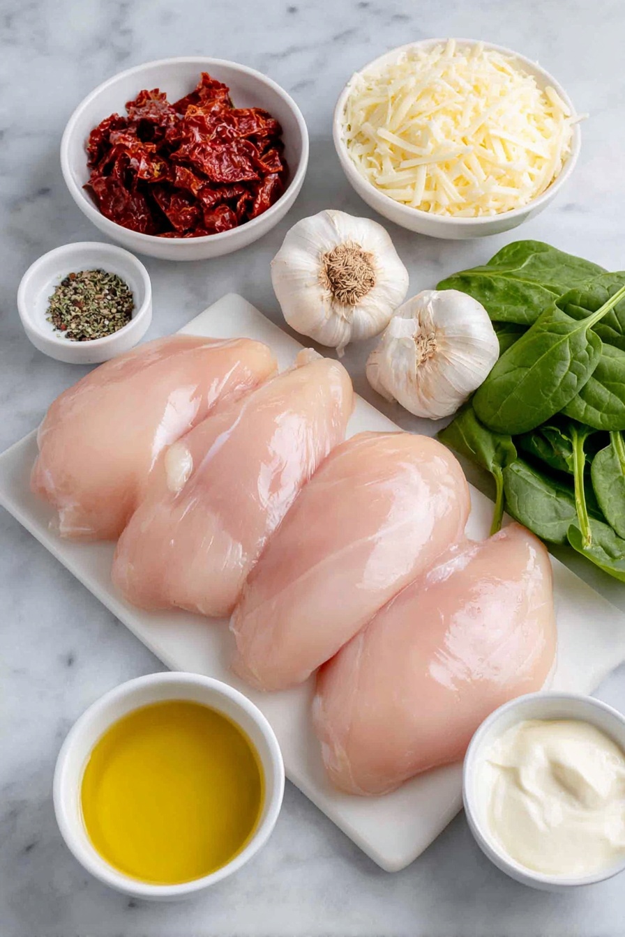 Flat lay of four boneless skinless chicken breasts with a light sprinkle of mixed Italian dried herbs, a small pile of coarse kosher salt crystals, a few grinds of freshly cracked black peppercorns, three tablespoons of golden extra virgin olive oil in a small white ceramic bowl, four fresh garlic cloves, a small mound of finely chopped yellow onion, a small white bowl of thinly sliced sun-dried tomatoes, a handful of vibrant baby spinach leaves, a small white bowl filled with thick heavy cream, and a neat pile of freshly grated parmesan cheese all arranged symmetrically on a clean white marble surface, soft natural light, photo taken with an iPhone, professional food photography style, fresh ingredients, white ceramic bowls, no bottles, no duplicates, no utensils, no packaging --ar 2:3 --v 7 --p m7354615311229779997