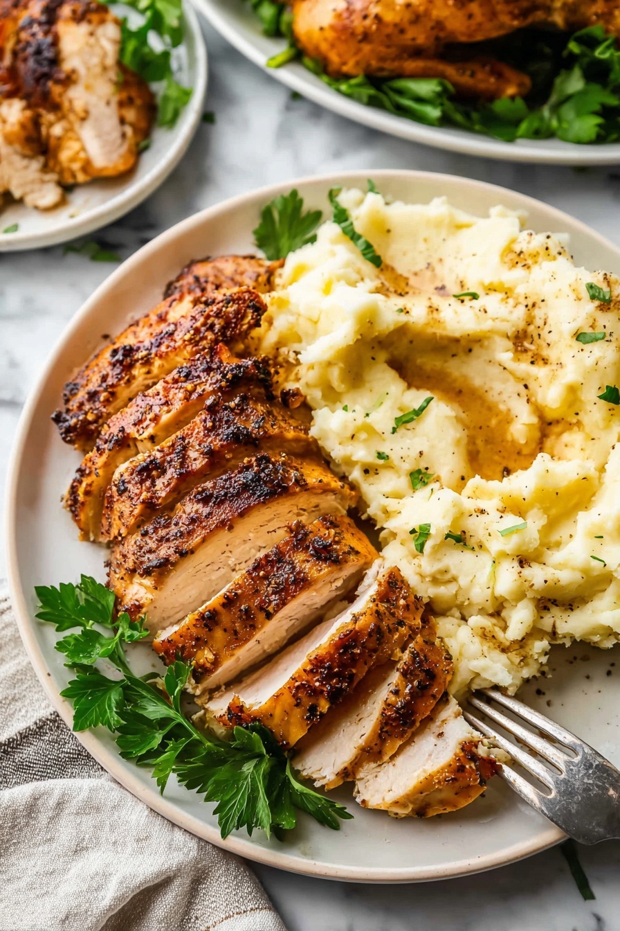 The image shows a white plate with two main parts: on the left, six thick slices of cooked chicken with a brown, crispy outside and a light inside, sprinkled with black pepper, and on the right, a large serving of light creamy mashed potatoes with a slightly fluffy texture. There are a few fresh green parsley leaves placed between the chicken and mashed potatoes for garnish. A silver fork is partially stuck in the mashed potatoes on the right side of the plate. The plate sits on a white marbled surface, with a blurred view of more chicken and greens in the background. photo taken with an iphone --ar 2:3 --v 7