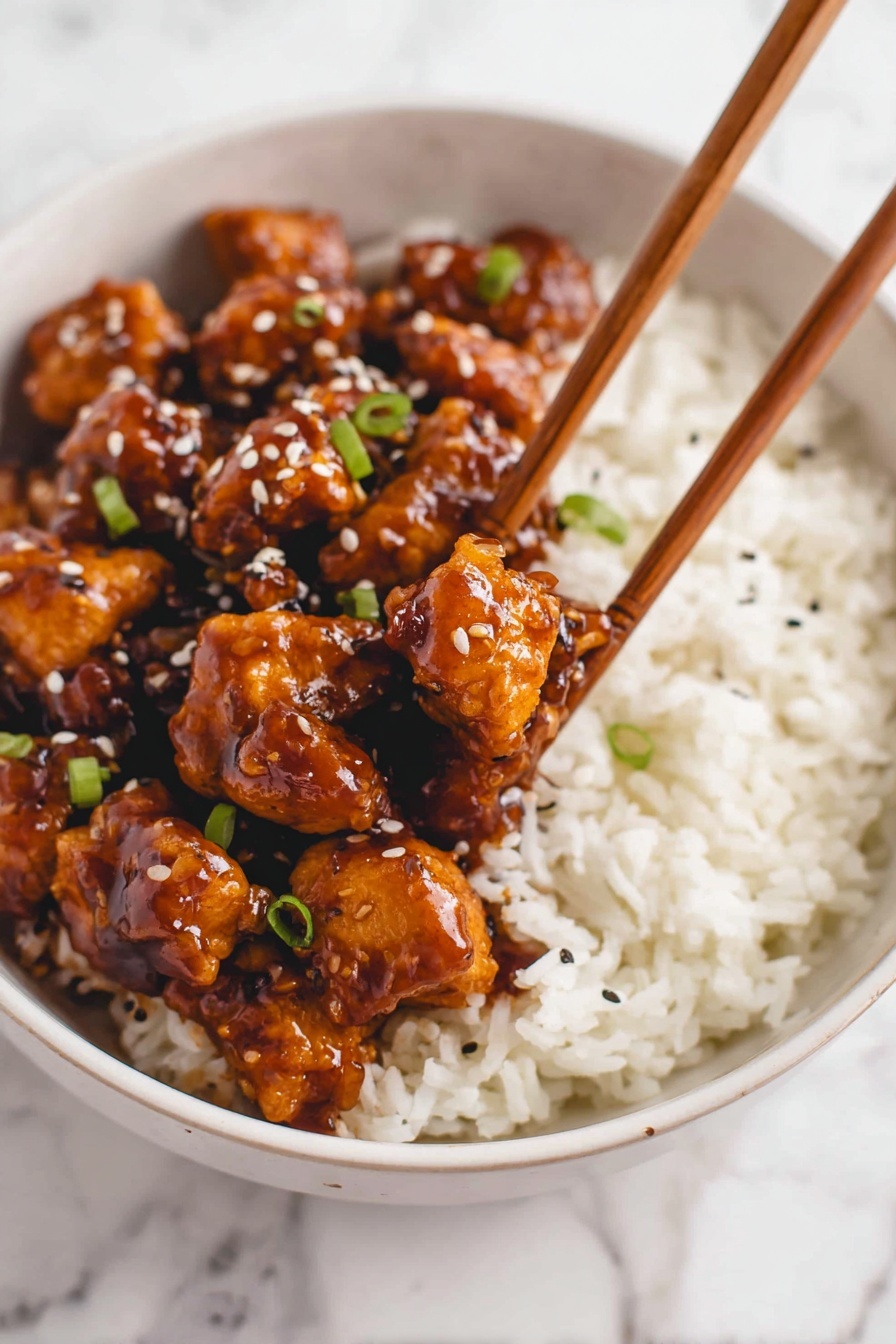 A white bowl filled with a base layer of white rice, topped with a thick layer of glossy, dark brown glazed chicken pieces. The chicken is garnished with small white sesame seeds and thin slices of green onions scattered on top. A pair of light brown chopsticks holding some of the chicken is shown on the right side of the bowl. The bowl is set on a white marbled surface. Photo taken with an iphone --ar 2:3 --v 7