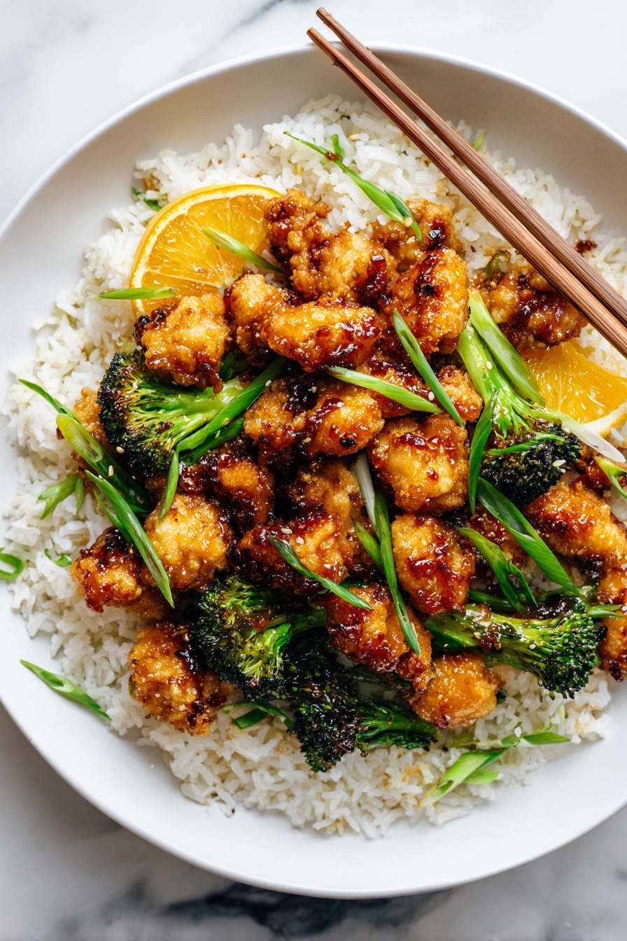 A white speckled bowl holds a bed of white rice as the base layer, topped with golden brown glazed chicken pieces that have a slightly crispy texture. Scattered among the chicken are small, bright green broccoli florets and slices of vibrant orange tangerine. Thin, fresh green onion strips rest on top as garnish, adding a touch of brightness. The bowl is placed on an old metal tray with a pair of wooden chopsticks next to it, which have blue and white floral patterns on their ends. The background is a white marbled texture. photo taken with an iphone --ar 2:3 --v 7