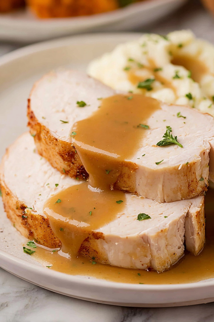 The image shows two thick slices of light beige turkey with a slightly browned outer edge, covered with a smooth, amber-brown gravy that drips down the sides. Small green herb pieces are sprinkled on top of the gravy, adding a touch of color. The turkey slices are on a white plate with a speckled texture, which rests on a white marbled surface. In the background, there is a soft-focus glimpse of mashed potatoes with gravy. Photo taken with an iphone --ar 2:3 --v 7