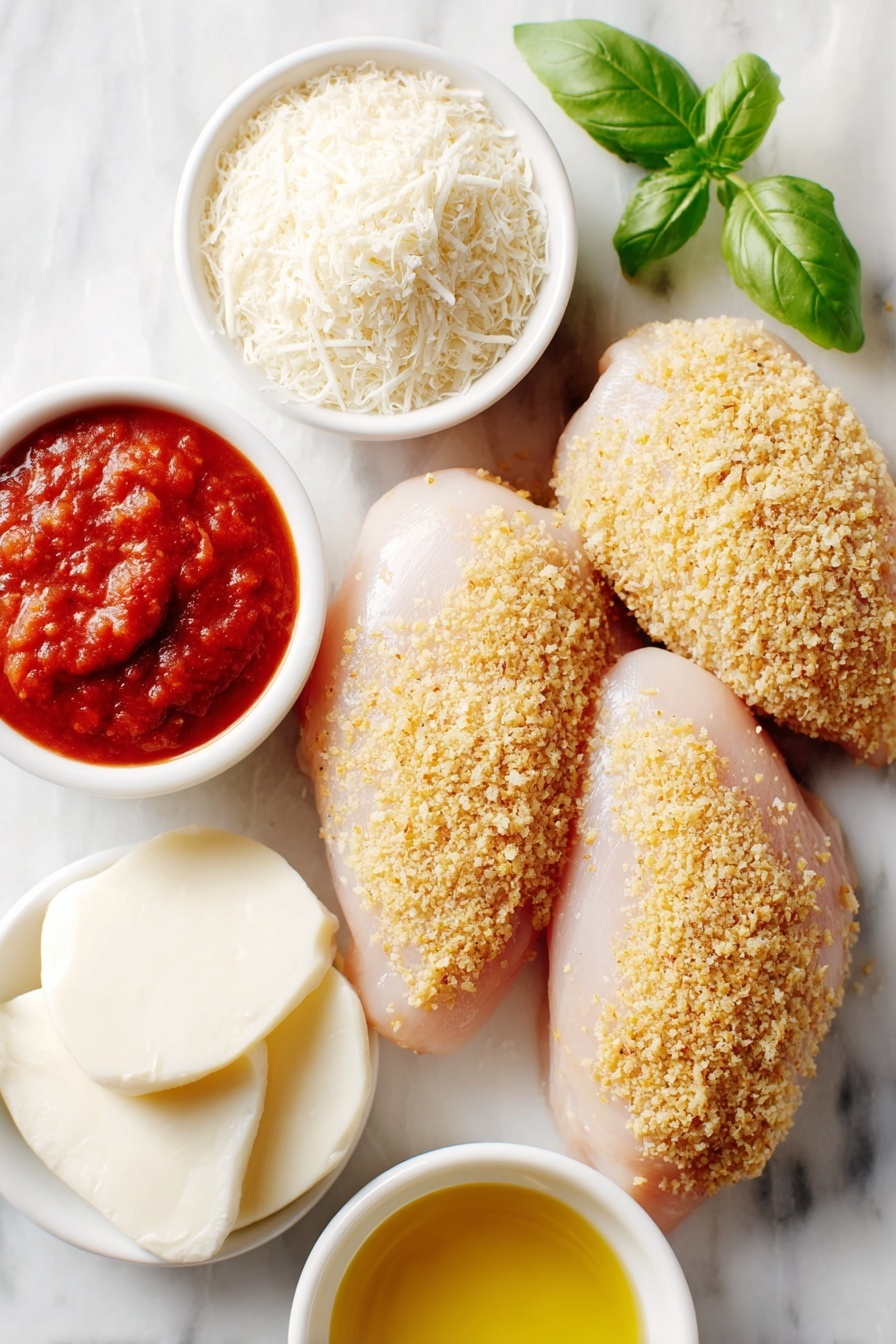 Flat lay of four boneless, skinless chicken breasts with smooth pale pink flesh, a small white ceramic bowl of seasoned golden breadcrumbs, a small white ceramic bowl filled with finely grated pale yellow Parmesan cheese, a few pats of creamy pale yellow butter on a simple white ceramic dish, a small white ceramic bowl of shredded white mozzarella cheese, a small white ceramic bowl of bright red marinara sauce, and a few fresh bright green basil leaves arranged neatly, placed on a clean white marble surface, soft natural light, photo taken with an iPhone, professional food photography style, fresh ingredients, white ceramic bowls, no bottles, no duplicates, no utensils, no packaging --ar 2:3 --v 7 --p m7354615311229779997