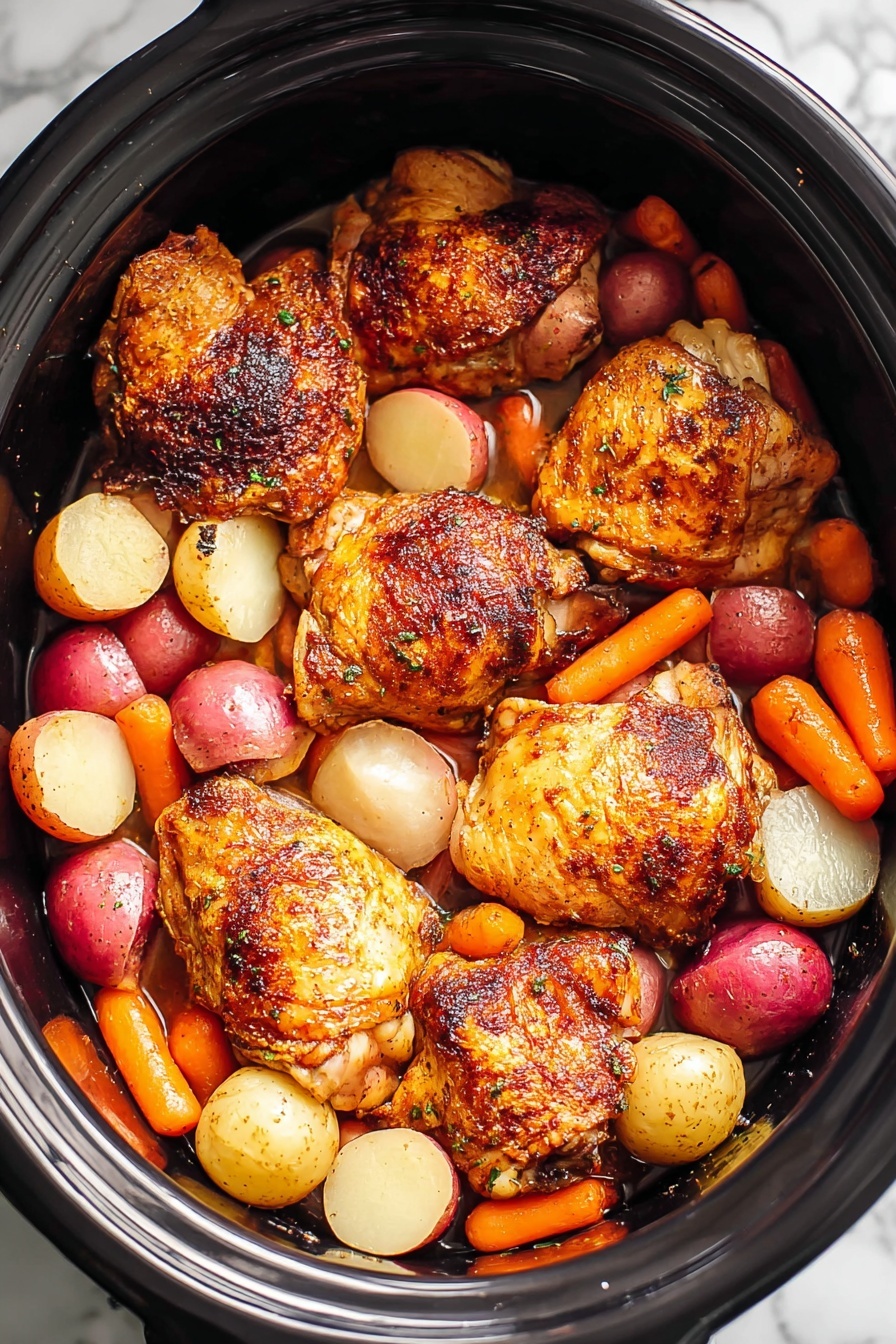 The image shows a black slow cooker filled with layers. The bottom layer has small round red potatoes and orange baby carrots, mixed with slices of purple and white onions, all partially covered in light broth. On top, there are seven golden brown cooked chicken pieces with crispy skin, spread evenly across the vegetables. The chicken skin has some dark brown spots, indicating a roasted texture. The background shows a white marbled surface. photo taken with an iphone --ar 2:3 --v 7