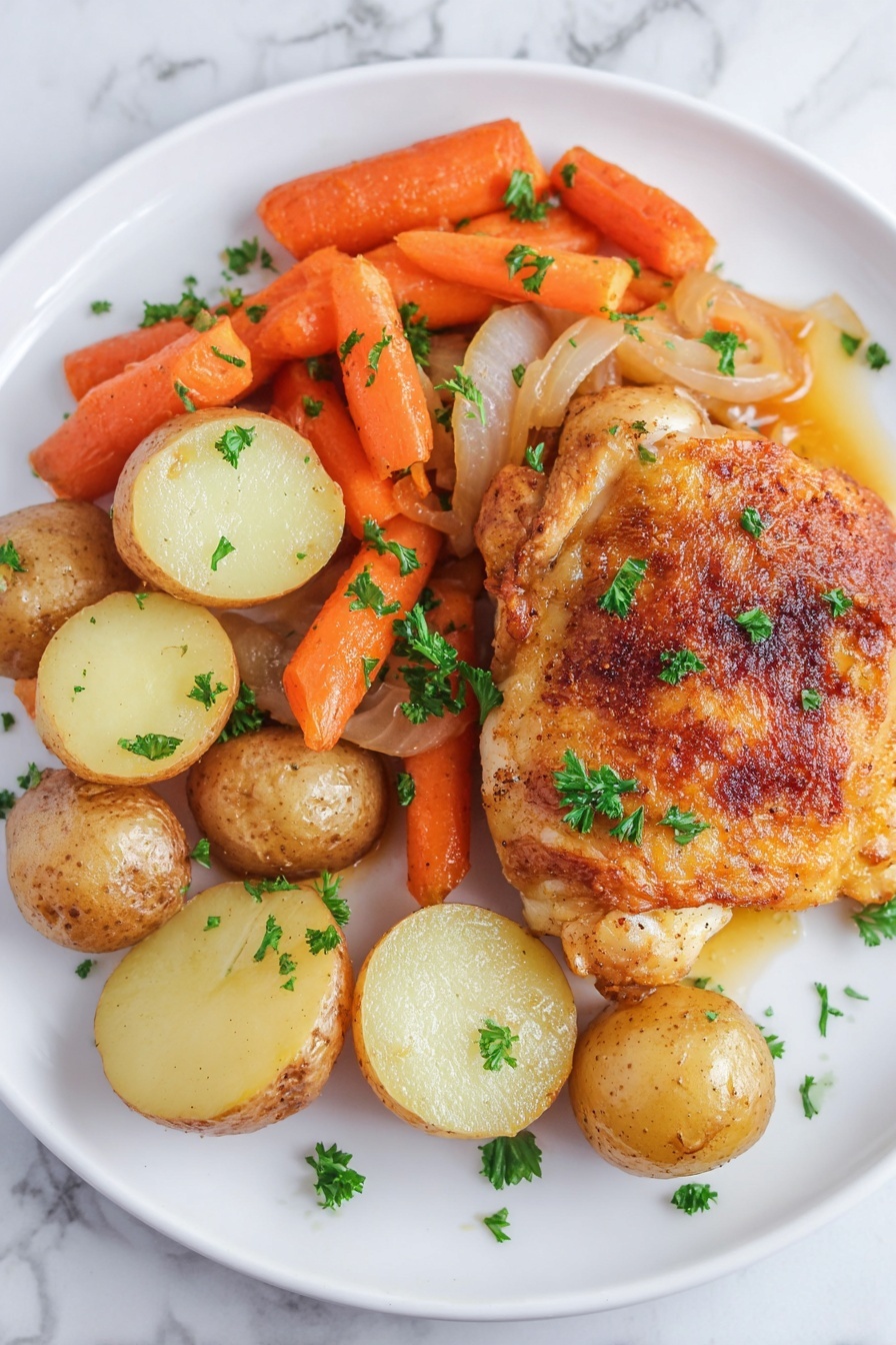 A white plate holds a simple meal with three main parts. At the bottom right, there is a golden-brown roasted piece of chicken with a slightly crispy texture and small green parsley leaves scattered on top. Behind and to the left of the chicken, there are several small red potatoes, some whole and some cut in half, showing their light yellow inside, with a few parsley pieces on them. On the top of the plate, bright orange cooked baby carrots and some soft, light purple onion pieces add color, with more green parsley leaves sprinkled over everything. The plate is on a white marbled surface. Photo taken with an iphone --ar 2:3 --v 7