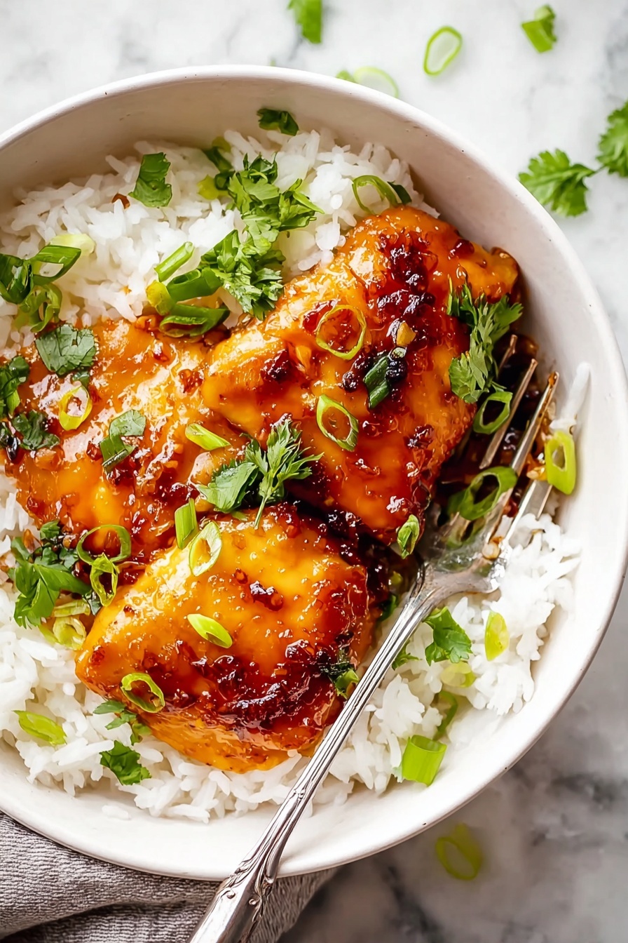 A white bowl holds a layer of fluffy white rice topped with two glossy, golden brown pieces of glazed chicken. The chicken has a shiny, sticky sauce with darker caramelized spots and is garnished with fresh green cilantro leaves and sliced light green spring onions scattered on top. A shiny silver fork rests inside the bowl, touching the rice. The bowl sits on a white marbled surface with small cilantro leaves nearby. Photo taken with an iphone --ar 2:3 --v 7