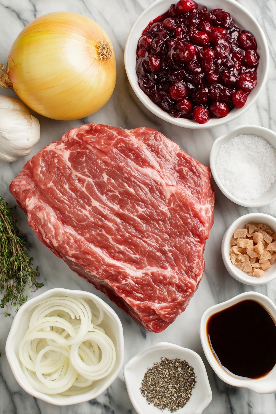 Flat lay of a raw chuck roast with rich marbling, a large yellow onion sliced into rings arranged neatly, a small white bowl filled with whole fresh cranberries in thick sauce, a small white bowl of golden brown sugar crystals, four fresh garlic cloves whole and unpeeled, a small white bowl of dried minced onion flakes, a small white bowl containing ground thyme powder, a small white bowl of coarse kosher salt, a small white bowl with freshly cracked black peppercorns, and a small white bowl holding dark Worcestershire sauce, all placed on a clean white marble surface, soft natural light, photo taken with an iPhone, professional food photography style, fresh ingredients, white ceramic bowls, no bottles, no duplicates, no utensils, no packaging --ar 2:3 --v 7 --p m7354615311229779997