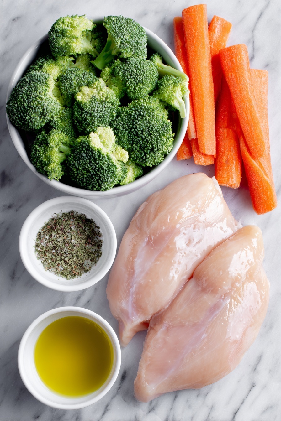 Flat lay of fresh boneless skinless chicken breasts, bright green broccoli florets cut into bite-sized pieces, three large raw carrots cut into chunks, a small white ceramic bowl of mixed Italian seasoning powder, a small white ceramic bowl of coarse kosher salt, a small white ceramic bowl of garlic powder, a small white ceramic bowl of onion powder, a small white ceramic bowl of freshly ground black pepper, and a small white ceramic bowl of golden olive oil, all arranged symmetrically on a clean white marble surface, soft natural light, photo taken with an iPhone, professional food photography style, fresh ingredients, white ceramic bowls, no bottles, no duplicates, no utensils, no packaging --ar 2:3 --v 7 --p m7354615311229779997