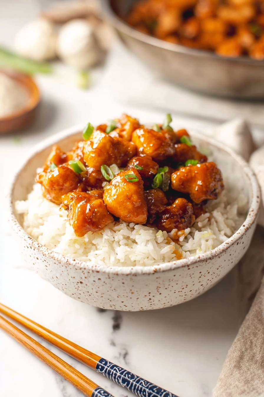 A white speckled bowl holds two layers: the bottom is fluffy white rice with a soft texture, and on top are medium-sized pieces of glazed chicken coated in a thick, shiny reddish-brown sauce. Small green onion slices sprinkle lightly over the chicken, adding a touch of fresh green color. A pair of wooden chopsticks with dark blue patterned tops rests on the bowl's edge, all set against a white marbled texture background with blurred ginger and a striped cloth in the distance. Photo taken with an iphone --ar 2:3 --v 7