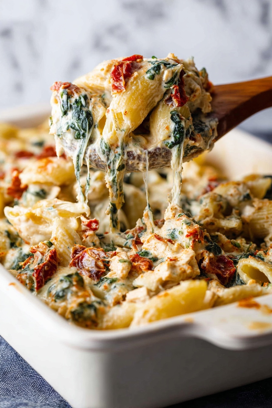 A white rectangular baking dish filled with creamy penne pasta mixed with pieces of white chicken, strips of dark green spinach, and red sun-dried tomatoes, all coated in a light orange creamy sauce speckled with herbs and spices. The pasta looks soft and slightly saucy, layered evenly with shredded cheese sprinkled on top. A dark wooden spoon rests inside the dish, partially scooping the pasta from one corner. The dish sits on a white marbled surface with a few fresh spinach leaves visible nearby. Photo taken with an iphone --ar 2:3 --v 7