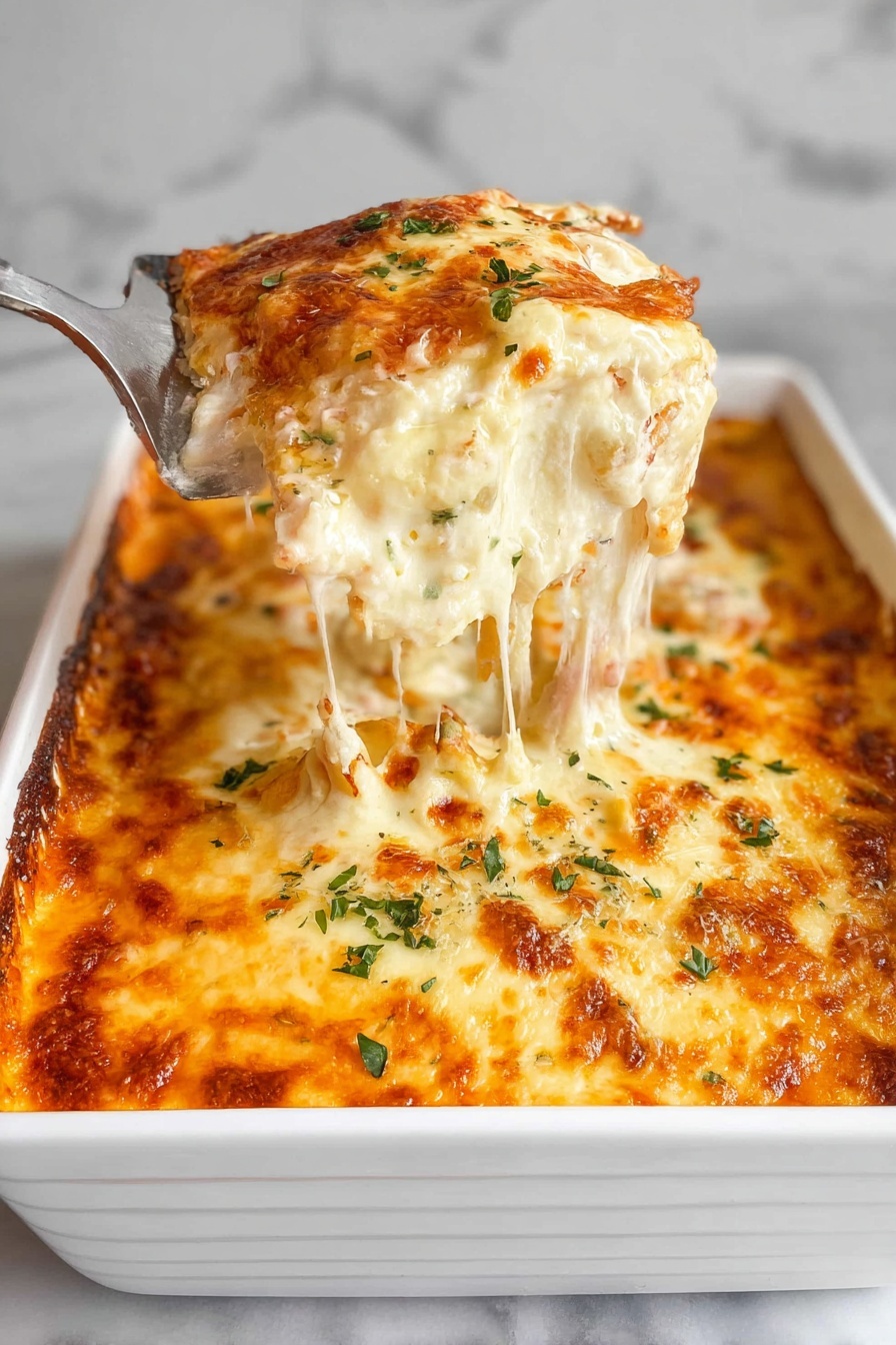 A white rectangular casserole dish filled with baked lasagna that has a golden brown, bubbly cheese layer on top sprinkled with chopped green herbs. Inside, there are multiple layers including creamy white cheese sauce and pasta sheets visible as a woman's hand lifts a large, cheesy portion, stretching melted cheese strings upwards. The surface beneath the dish is a white marbled texture. Photo taken with an iphone --ar 2:3 --v 7