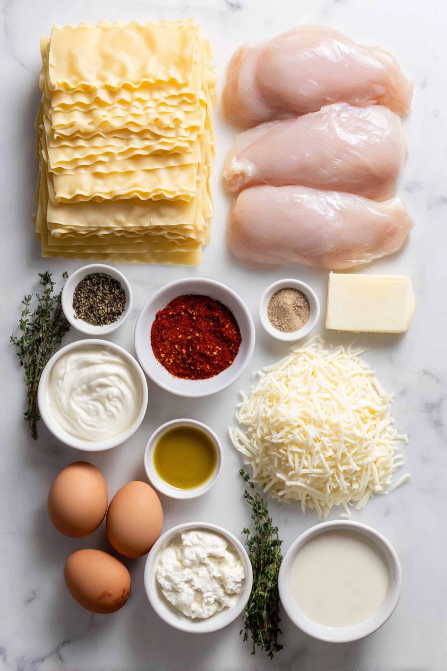 Flat lay of twelve uncooked rectangular lasagna noodle sheets arranged neatly, three raw whole chicken breasts with smooth skin, a small white bowl of golden olive oil, a small white bowl filled with reddish-orange smoked paprika powder, a small white bowl of deep red cayenne pepper powder, a small white bowl of fine beige onion powder, a small white bowl of brown sugar crystals, a small white bowl of pale garlic powder, a small white bowl of ground black pepper, a small white bowl of coarse salt, a small white bowl with dried thyme sprigs, a small white bowl with dried oregano leaves, a half block of creamy white softened cream cheese, a small white bowl filled with crumbled fresh ricotta cheese, a small white bowl with drained bright green chopped spinach, a small white bowl packed with finely minced fresh garlic cloves, a small white bowl of shredded mozzarella cheese from an 8 oz block, a small white bowl of shredded colby jack cheese from an 8 oz block, and a small white bowl filled with grated parmesan cheese, all placed on a clean white marble surface, soft natural light, photo taken with an iPhone, professional food photography style, fresh ingredients, white ceramic bowls, no bottles, no duplicates, no utensils, no packaging --ar 2:3 --v 7 --p m7354615311229779997
