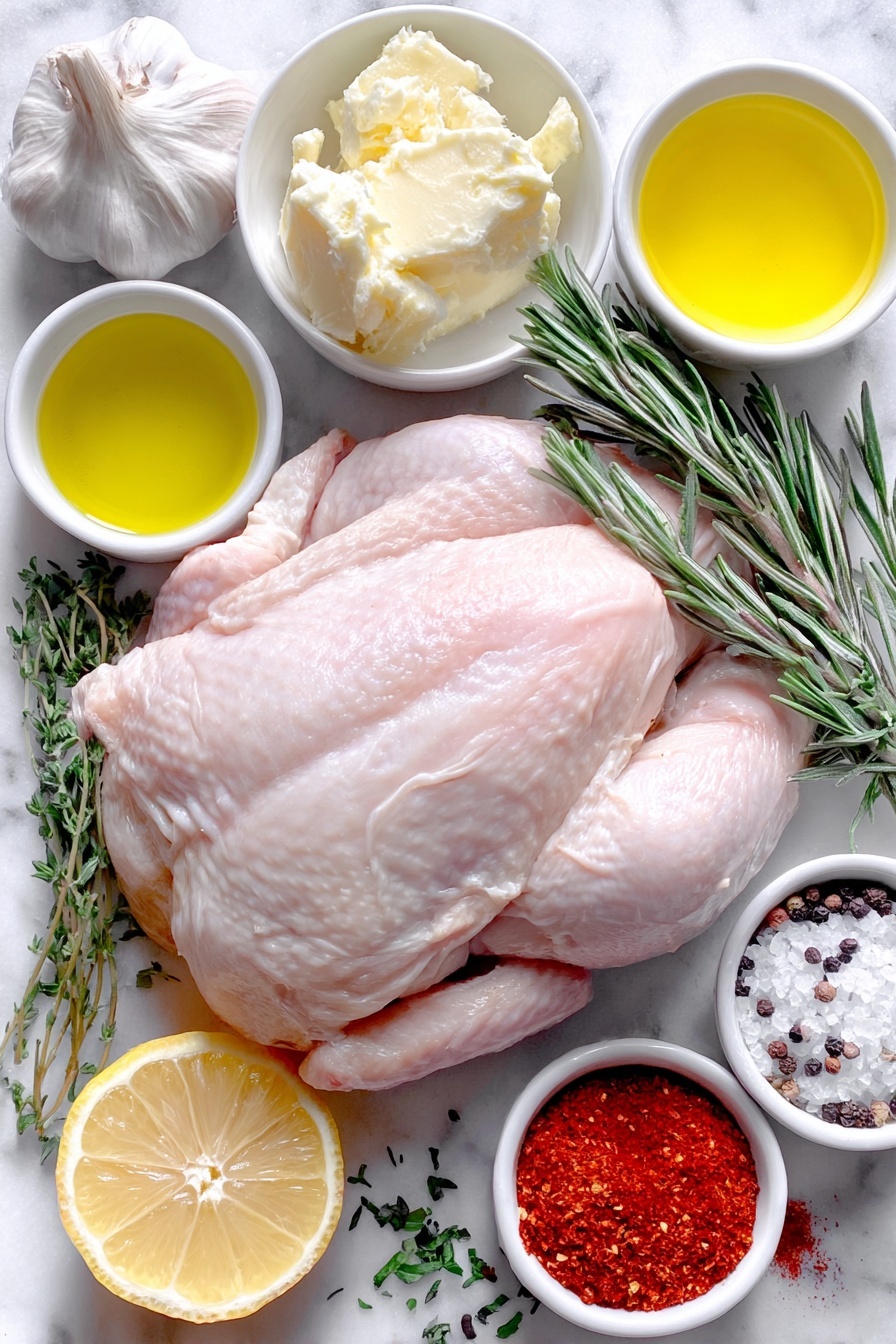 Flat lay of a whole raw chicken with smooth, pale skin, a small mound of softly melted butter in a white ceramic bowl, a small white bowl with golden olive oil, a whole bright yellow lemon next to a small white bowl containing finely grated lemon zest, coarse sea salt and freshly ground black pepper arranged neatly side by side, a small white bowl filled with softened pale yellow butter, a small white bowl with finely chopped fresh bright green parsley, a small white bowl containing chopped fresh rosemary leaves, a small white bowl with chopped fresh thyme leaves, a tiny white bowl with deep red paprika powder, six peeled garlic cloves, a halved head of garlic exposing its creamy cloves, a neat bundle of fresh green rosemary sprigs tied together, three fresh green thyme sprigs, and a quartered vibrant yellow lemon wedge all symmetrically arranged on a clean white marble surface, soft natural light, photo taken with an iPhone, professional food photography style, fresh ingredients, white ceramic bowls, no bottles, no duplicates, no utensils, no packaging --ar 2:3 --v 7 --p m7354615311229779997