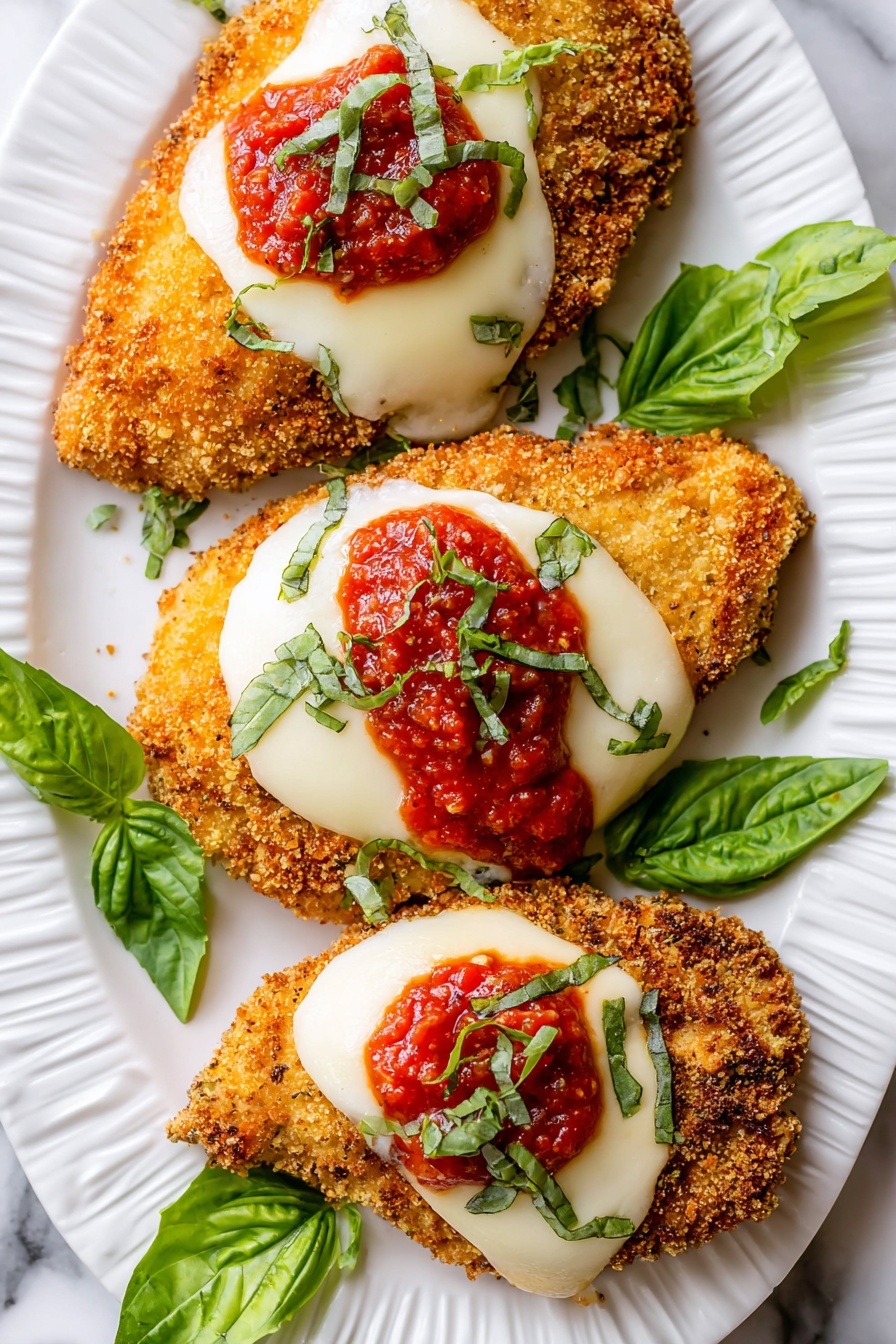 Three golden brown breaded chicken pieces lie on a white plate with a subtle lined design, each topped with a round slice of melted white mozzarella cheese, a small dollop of chunky red tomato sauce in the center, and thin strips of fresh green basil scattered on top. A few fresh basil leaves are placed around the chicken on the plate. The chicken shows a crispy texture from the breading, while the cheese looks smooth and soft. The background is a white marbled surface. Photo taken with an iphone --ar 2:3 --v 7