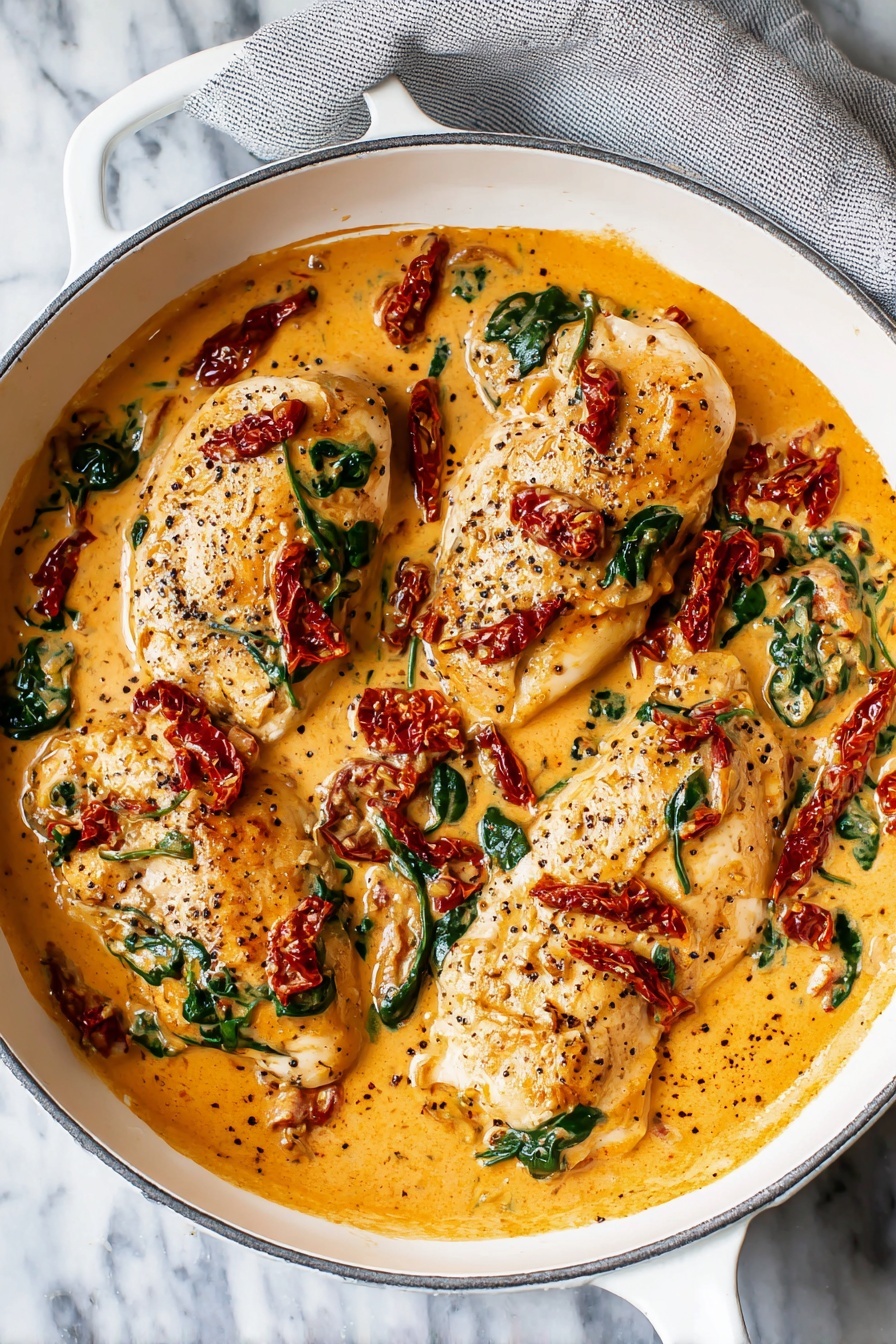 The image shows a white pan filled with four pieces of cooked chicken, each coated with a thick, creamy orange sauce. The sauce contains visible dark green spinach leaves and red sun-dried tomato strips scattered on top and around the chicken. The chicken pieces are placed in a slightly uneven arrangement, with a smooth sauce texture holding everything together. The background has a white marbled texture with a gray cloth partially visible under the pan. photo taken with an iphone --ar 2:3 --v 7