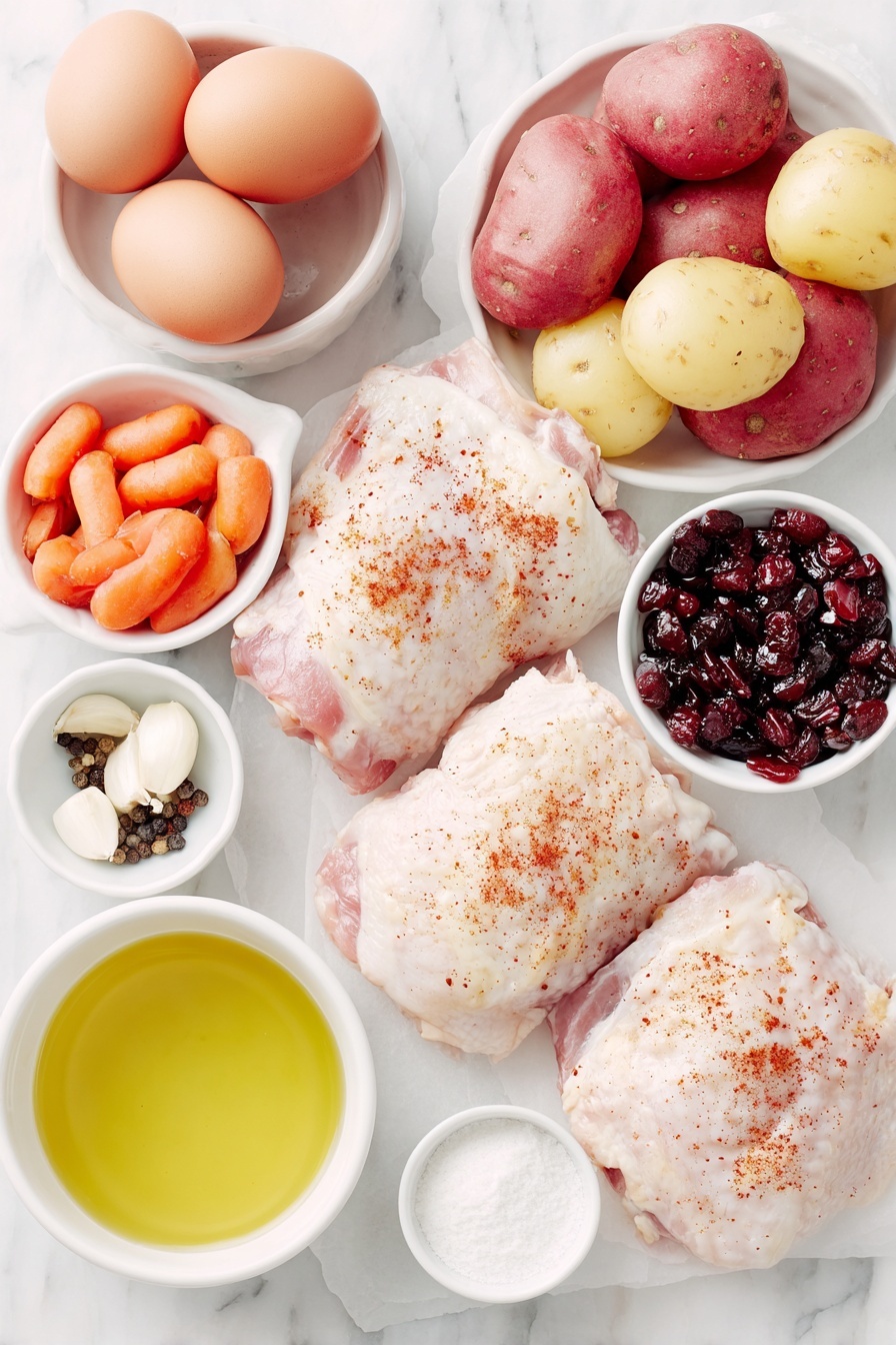 Flat lay of boneless skinless chicken thighs seasoned with smoked paprika, salt, and black pepper arranged in a simple white ceramic bowl, halved baby red potatoes in a white bowl, whole baby carrots placed neatly on the surface, a medium red onion chopped and displayed on a white plate, three whole garlic cloves unpeeled on the side, a small white ceramic bowl filled with golden olive oil, a small white bowl containing a clear chicken broth, and two small white bowls respectively holding cornstarch and water, all placed on a clean white marble surface, soft natural light, photo taken with an iPhone, professional food photography style, fresh ingredients, white ceramic bowls, no bottles, no duplicates, no utensils, no packaging --ar 2:3 --v 7 --p m7354615311229779997