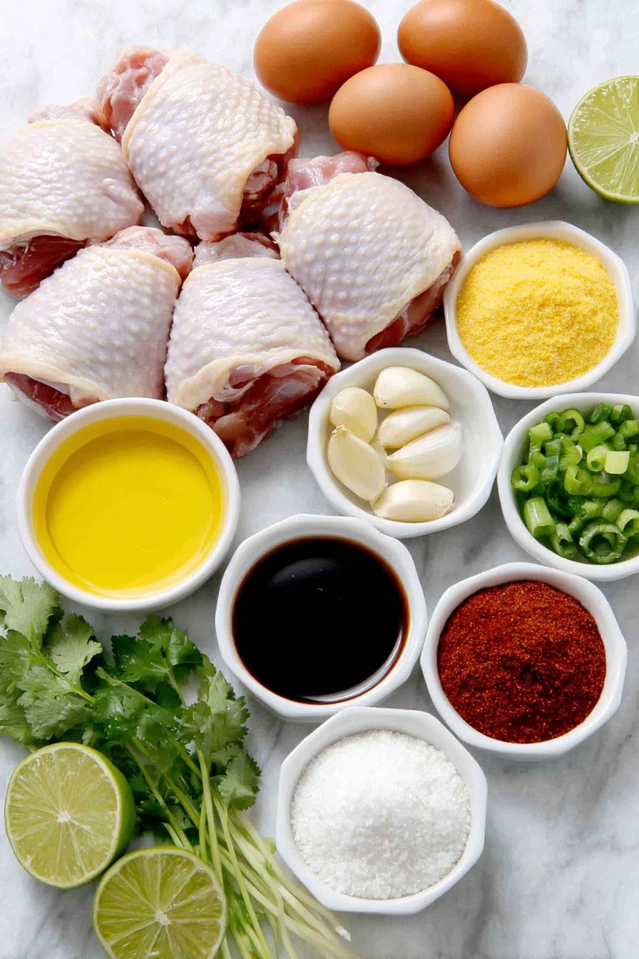 Flat lay of fresh raw chicken thighs with pale pink skin, a small bowl of golden avocado oil, a small white bowl filled with glossy amber honey, a small white bowl of dark brown tamari sauce, four peeled garlic cloves, a small white bowl of pale golden apple cider vinegar, a small white bowl containing vibrant red paprika powder, a small white bowl of off-white onion powder, a small mound of cooked white rice, a few bright green sliced green onions, a small bunch of fresh green cilantro leaves, and a halved lime showing juicy green flesh placed on a clean white marble surface, soft natural light, photo taken with an iPhone, professional food photography style, fresh ingredients, white ceramic bowls, no bottles, no duplicates, no utensils, no packaging --ar 2:3 --v 7 --p m7354615311229779997