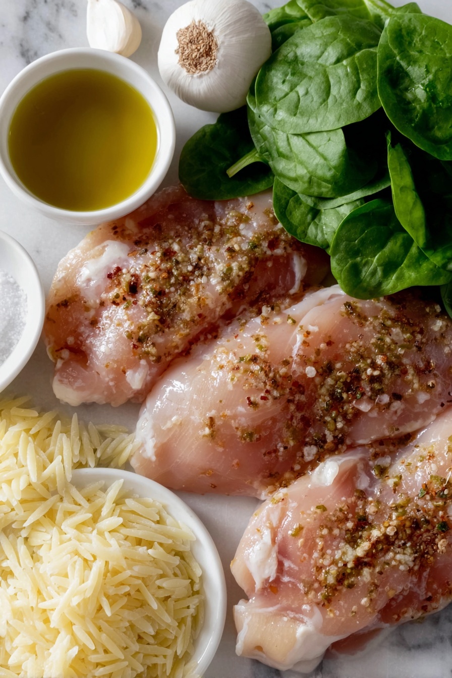 Flat lay of thin raw chicken breasts seasoned with cracked black pepper, sea salt, garlic powder, and paprika, a few whole garlic cloves, a small white ceramic bowl of golden olive oil, a small white ceramic bowl of clear chicken broth, a small white ceramic bowl of white wine, a small white ceramic bowl of heavy cream, a small white ceramic bowl with bright red tomato paste, a small white ceramic bowl filled with grated parmesan cheese, uncooked orzo pasta, and two handfuls of fresh vibrant baby spinach leaves, placed on a clean white marble surface, soft natural light, photo taken with an iPhone, professional food photography style, fresh ingredients, white ceramic bowls, no bottles, no duplicates, no utensils, no packaging --ar 2:3 --v 7 --p m7354615311229779997