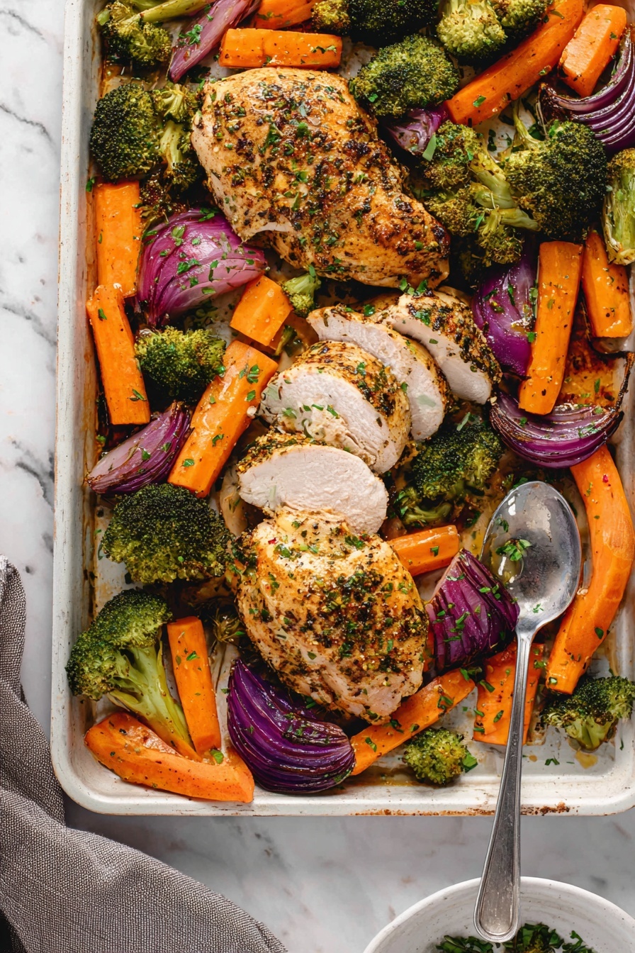 A baking tray filled with five pieces of roasted chicken, with one piece sliced into even strips at the bottom right. The chicken pieces are golden brown with a light sprinkled green herb garnish. Surrounding the chicken are bright orange roasted carrot sticks, dark green broccoli florets, and purple onion wedges. A silver serving spoon rests on the tray's right side, slightly under some vegetables. The tray is on a white marbled surface, accompanied by a white bowl with green herbs on the right and a blue cloth napkin below. Photo taken with an iphone --ar 2:3 --v 7