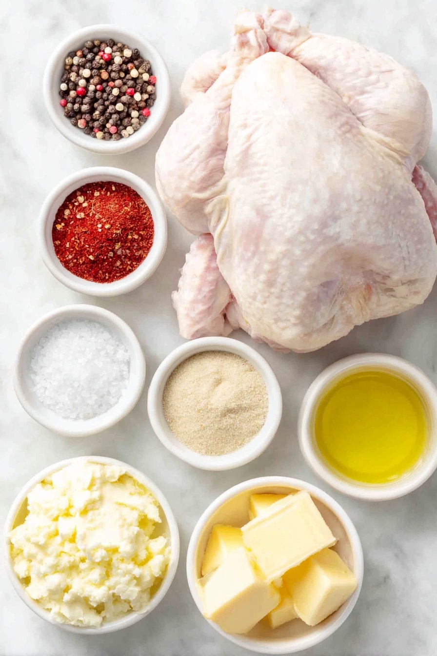 Flat lay of one whole raw spatchcocked turkey with pale pink skin and moderate fat, a few teaspoons of coarse kosher salt in a small white ceramic bowl, a few teaspoons of black peppercorns in a small white bowl, a small mound of bright red paprika powder in a white bowl, a small heap of pale garlic powder in a white bowl, a small heap of light beige onion powder in a white bowl, a soft mound of pale yellow salted butter on a simple white ceramic plate, and a small white bowl filled with golden olive oil, all arranged in perfect symmetry on a clean white marble surface, soft natural light, photo taken with an iPhone, professional food photography style, fresh ingredients, white ceramic bowls, no bottles, no duplicates, no utensils, no packaging --ar 2:3 --v 7 --p m7354615311229779997