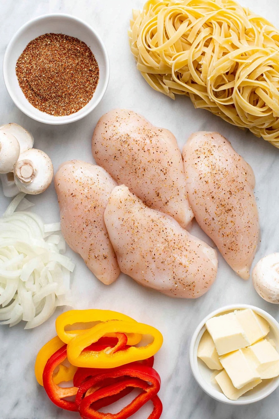Flat lay of four whole boneless skinless chicken breasts seasoned with a sprinkle of reddish Cajun seasoning, a small white ceramic bowl filled with bright red, yellow, and green sliced multi-color bell peppers, another bowl holding thin slices of vibrant purple red onion, a third bowl with neatly sliced fresh white cremini mushrooms, a bundled nest of uncooked golden linguine pasta, a small white ceramic bowl containing rich creamy heavy cream, and a small white ceramic bowl with golden melted butter, all arranged in perfect symmetry on a clean white marble surface, soft natural light, photo taken with an iPhone, professional food photography style, fresh ingredients, white ceramic bowls, no bottles, no duplicates, no utensils, no packaging --ar 2:3 --v 7 --p m7354615311229779997