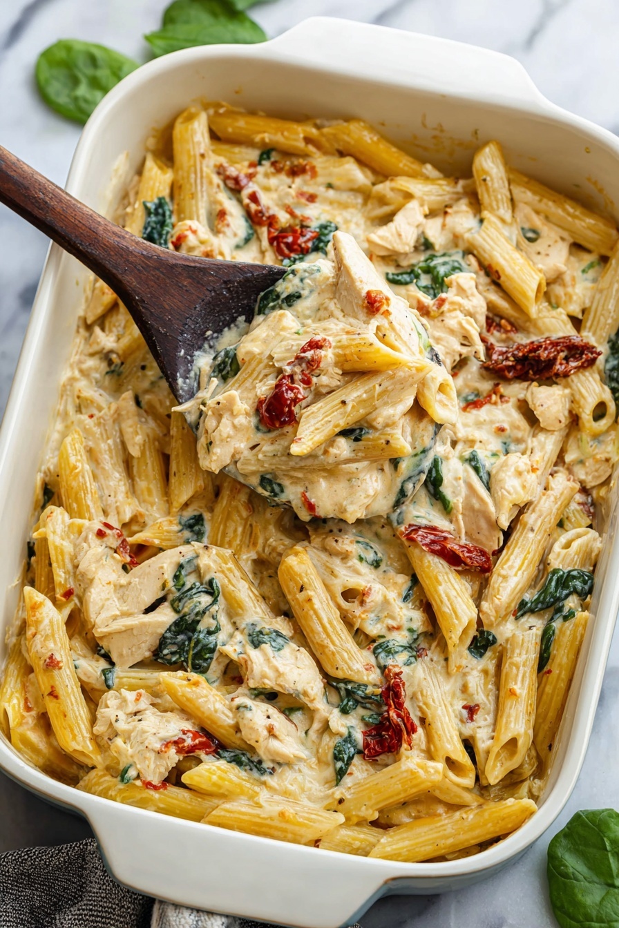 A close-up view of a white rectangular baking dish filled with creamy pasta showing three main layers: a bottom layer of cooked pasta tubes in pale yellow tones, a middle layer of dark green wilted spinach and bright red sun-dried tomatoes, and a top layer of thick melted cheese sauce that is creamy white with some golden hints. A wooden spoon is lifting a scoop of the mixture, showing chunks of light beige chicken, spinach, tomatoes, and cheese sauce dripping slowly. The dish is set on a white marbled surface. photo taken with an iphone --ar 2:3 --v 7
