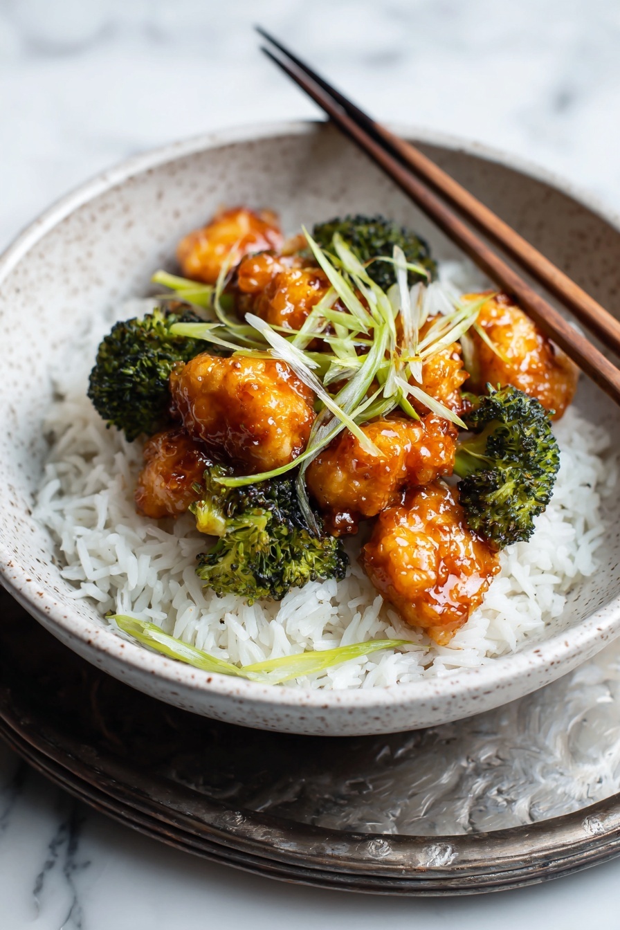 A round bowl holds a base layer of white rice with a soft and slightly fluffy texture. On top, there is a layer of golden-brown glazed chicken pieces that are crispy on the outside, scattered with small bits of sauce and sesame seeds. Bright green broccoli florets with a tender but firm texture are mixed in evenly among the chicken. Thin slices of fresh green onions lay on top, adding a fresh pop of color. A pair of brown wooden chopsticks with blue patterned handles rest on the bowl's edge, partially placed on the rice and chicken. The bowl is placed on a white marbled surface with part of another bowl visible in the background. photo taken with an iphone --ar 2:3 --v 7