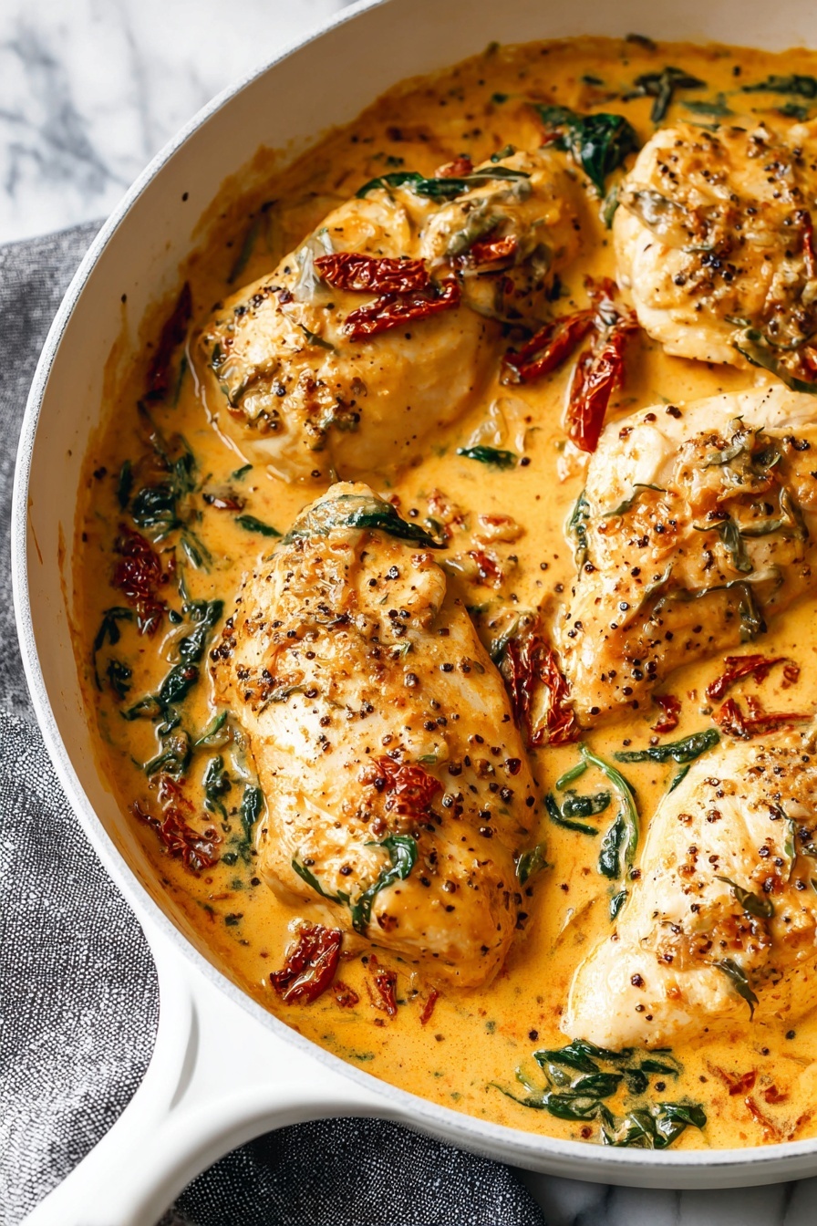 The image shows a white pan filled with four large pieces of cooked chicken covered in a thick, creamy yellow-orange sauce. Mixed into the sauce are dark green spinach leaves and strips of red sun-dried tomatoes, adding bursts of color and texture. The chicken pieces have a slight brown sear and are spread out evenly, partially submerged in the sauce, which looks rich and smooth. The pan sits on a soft gray cloth on a white marbled surface. photo taken with an iphone --ar 2:3 --v 7