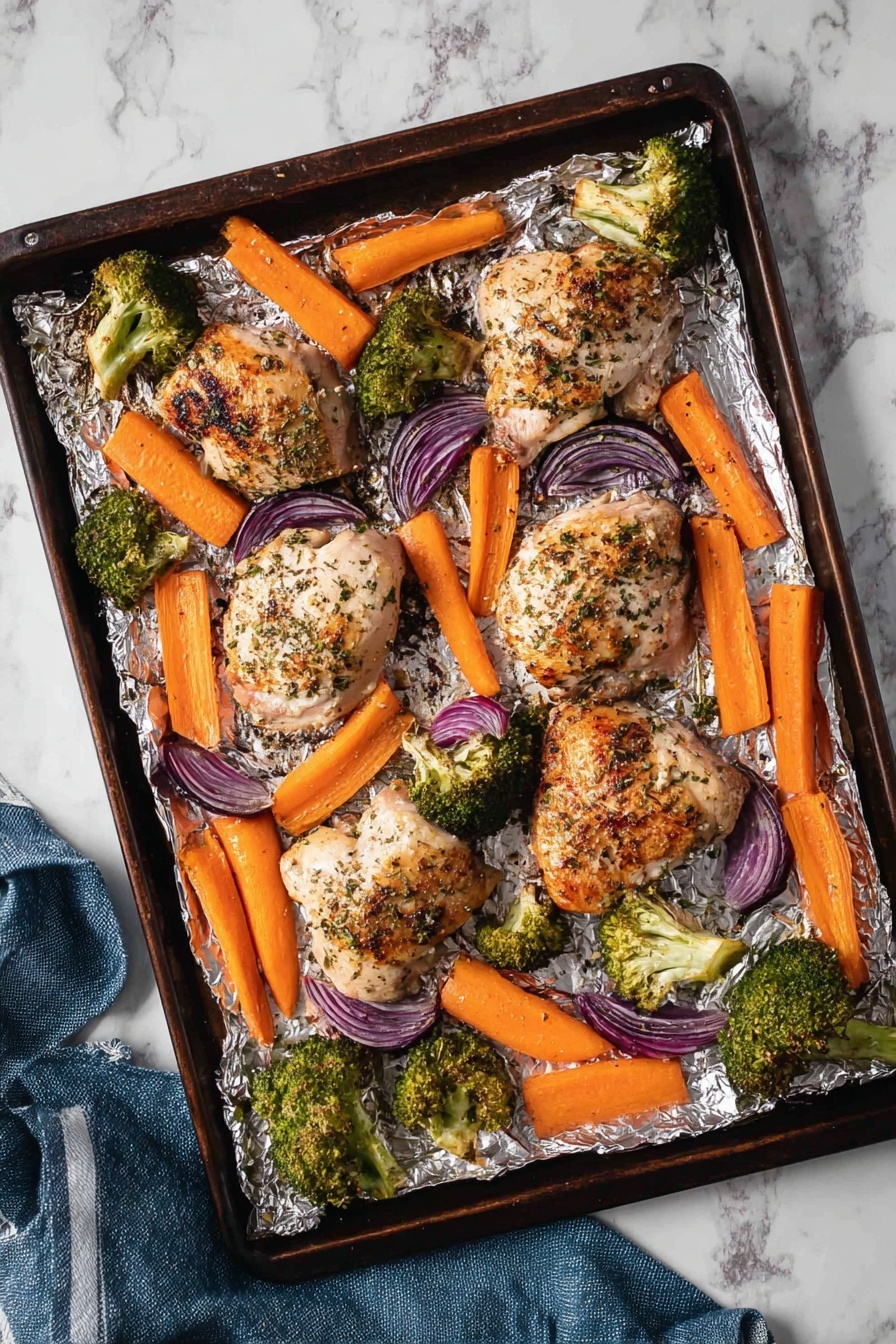 A dark baking tray lined with shiny aluminum foil holds five pieces of cooked chicken, each seasoned with herbs and spices, showing a light brown, slightly charred texture. Around the chicken are bite-sized pieces of roasted broccoli with dark green florets, bright orange carrot sticks, and thick wedges of purple onion, all slightly browned and seasoned. The tray sits on a white marbled surface, and a folded blue cloth is partly visible in the bottom left corner. Photo taken with an iphone --ar 2:3 --v 7