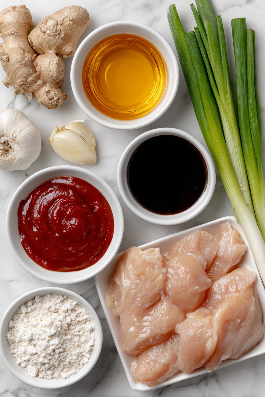 Flat lay of finely diced fresh ginger, two peeled garlic cloves minced, a small white ceramic bowl of golden honey, a small white ceramic bowl of dark low-sodium soy sauce, a small white ceramic bowl of bright red ketchup, a small white ceramic bowl of amber toasted sesame oil, a small white ceramic bowl with white sesame seeds, raw boneless skinless chicken breasts neatly arranged, a small white ceramic bowl of white cornstarch, three tablespoons of clear cooking oil in a small white ceramic bowl, two fresh green onion stalks chopped, placed on a clean white marble surface, soft natural light, photo taken with an iPhone, professional food photography style, fresh ingredients, white ceramic bowls, no bottles, no duplicates, no utensils, no packaging --ar 2:3 --v 7 --p m7354615311229779997