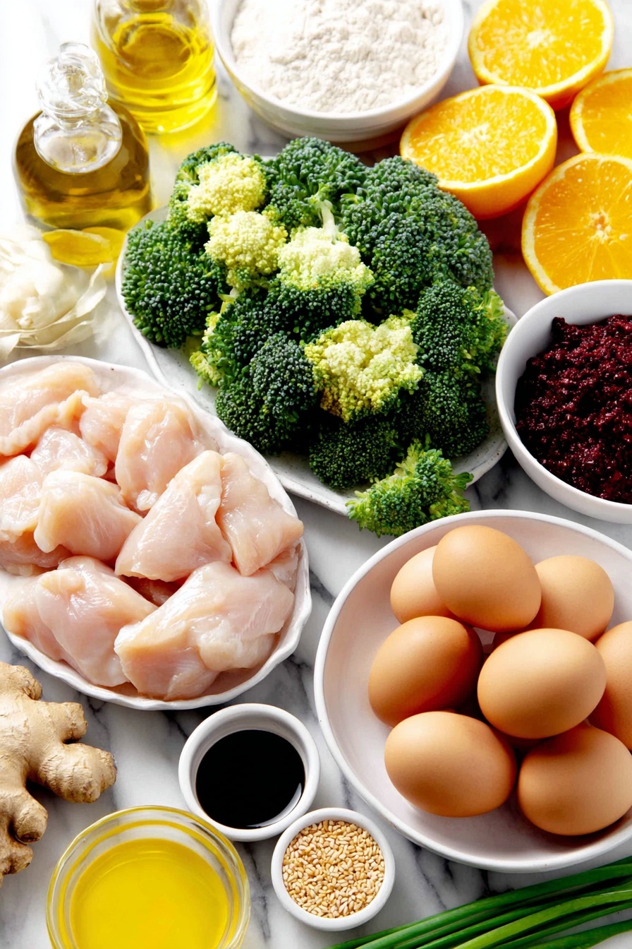 Flat lay of two pounds of raw chicken breast cubes, a small mound of bright orange zest, several whole uncracked brown eggs, a small bowl of white flour, a few fresh broccoli florets, three whole green onions with bright green tops, a small white bowl of golden extra virgin olive oil, a small white bowl of thick reddish chili paste, a small white bowl of dark tamari sauce, a small white bowl of clear rice vinegar, a small white bowl of amber honey, a few whole garlic bulbs with some cloves visible, a small piece of fresh ginger root with rough tan skin, a small white bowl of toasted sesame oil, and a small white bowl of fine white cornstarch, all neatly arranged symmetrically in a balanced composition on a clean white marble surface, soft natural light, photo taken with an iPhone, professional food photography style, fresh ingredients, white ceramic bowls, no bottles, no duplicates, no utensils, no packaging --ar 2:3 --v 7 --p m7354615311229779997
