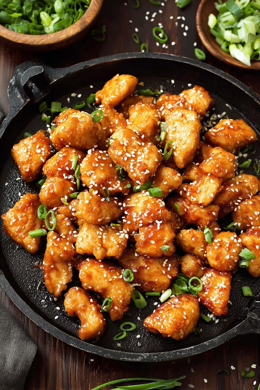 The image shows a black pan filled with many pieces of golden brown chicken that are covered with a shiny orange sauce. The chicken pieces are irregular in shape and size, with a smooth and glossy texture from the sauce. Scattered on top are small white sesame seeds and chopped green onions that add a splash of green and white colors. The pan is on a dark wooden surface with some green onions visible in a wooden bowl to the top right, and part of a white bowl with rice at the bottom left. The background is changed to a white marbled texture. photo taken with an iphone --ar 2:3 --v 7