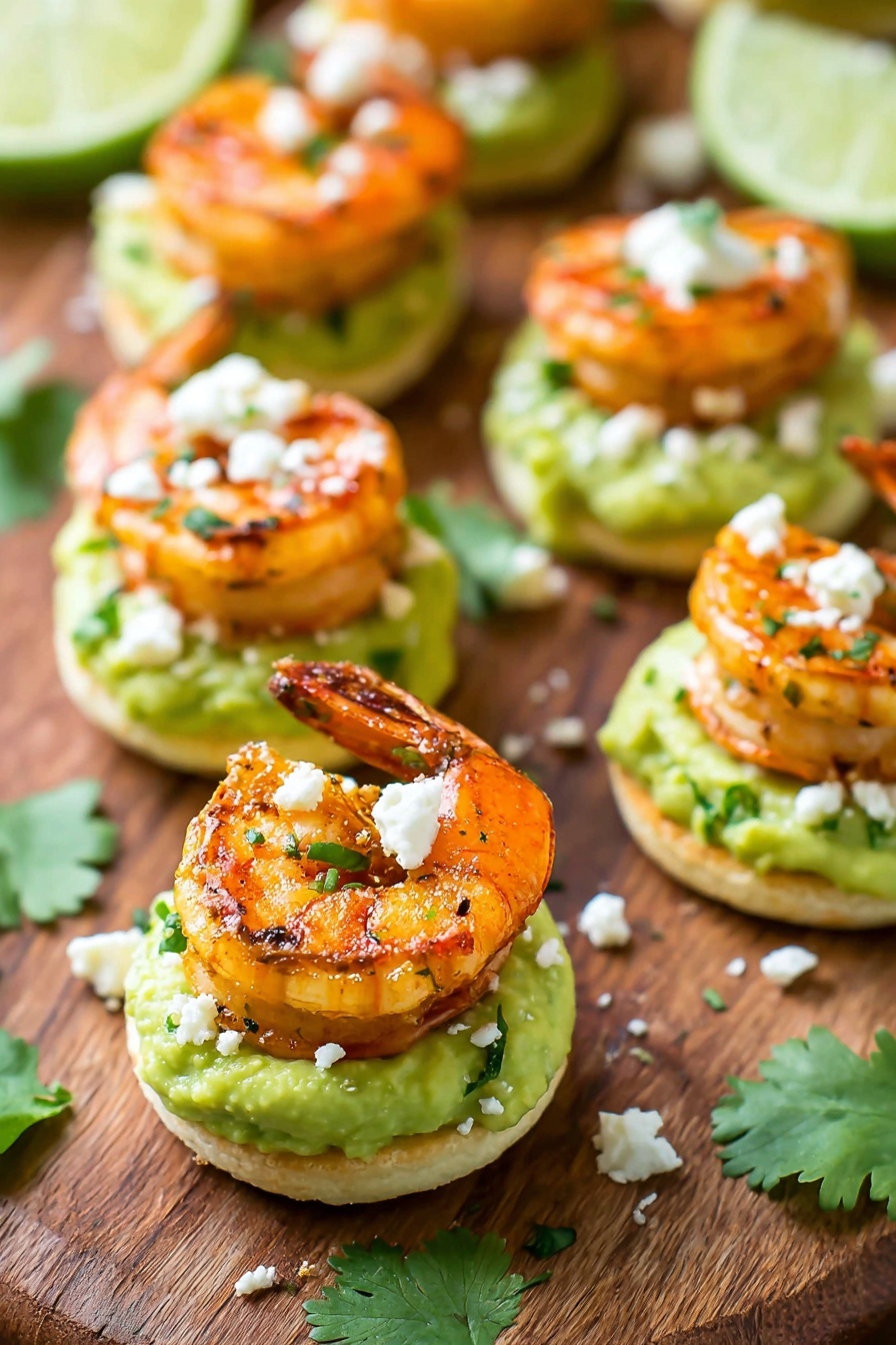 Small round white crackers form the base layer, topped with a thick layer of bright green guacamole. On top of the guacamole sits a cooked shrimp with an orange-brown color, showing slight charring and seasoning. White crumbled cheese is sprinkled over the shrimp and some green herbs add extra color. The shrimp appetizers are arranged on a light wooden surface with some green herb leaves and lime slices scattered around. photo taken with an iphone --ar 2:3 --v 7