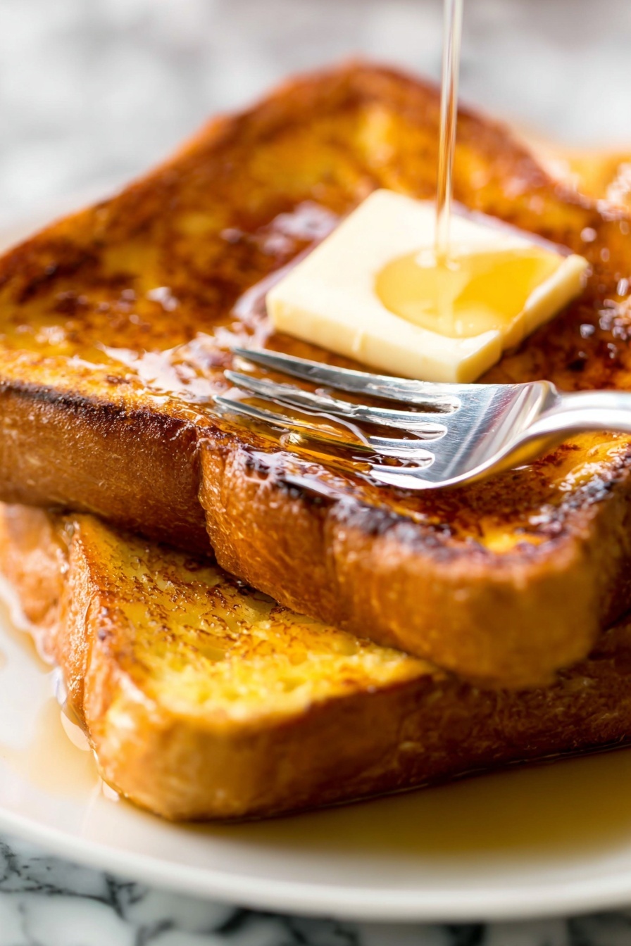 The image shows a stack of two thick slices of toasted bread with a golden-brown crust and a soft, slightly textured inside. On the top slice, there is a small square of melting butter that is glossy and slowly spreading. A silver fork is pressing into the top slice, causing the melted butter and syrup to glisten and drip slightly over the edges. The bread is on a white plate placed on a white marbled surface. The background is softly blurred, focusing all attention on the rich textures and colors of the toast and butter. photo taken with an iphone --ar 2:3 --v 7