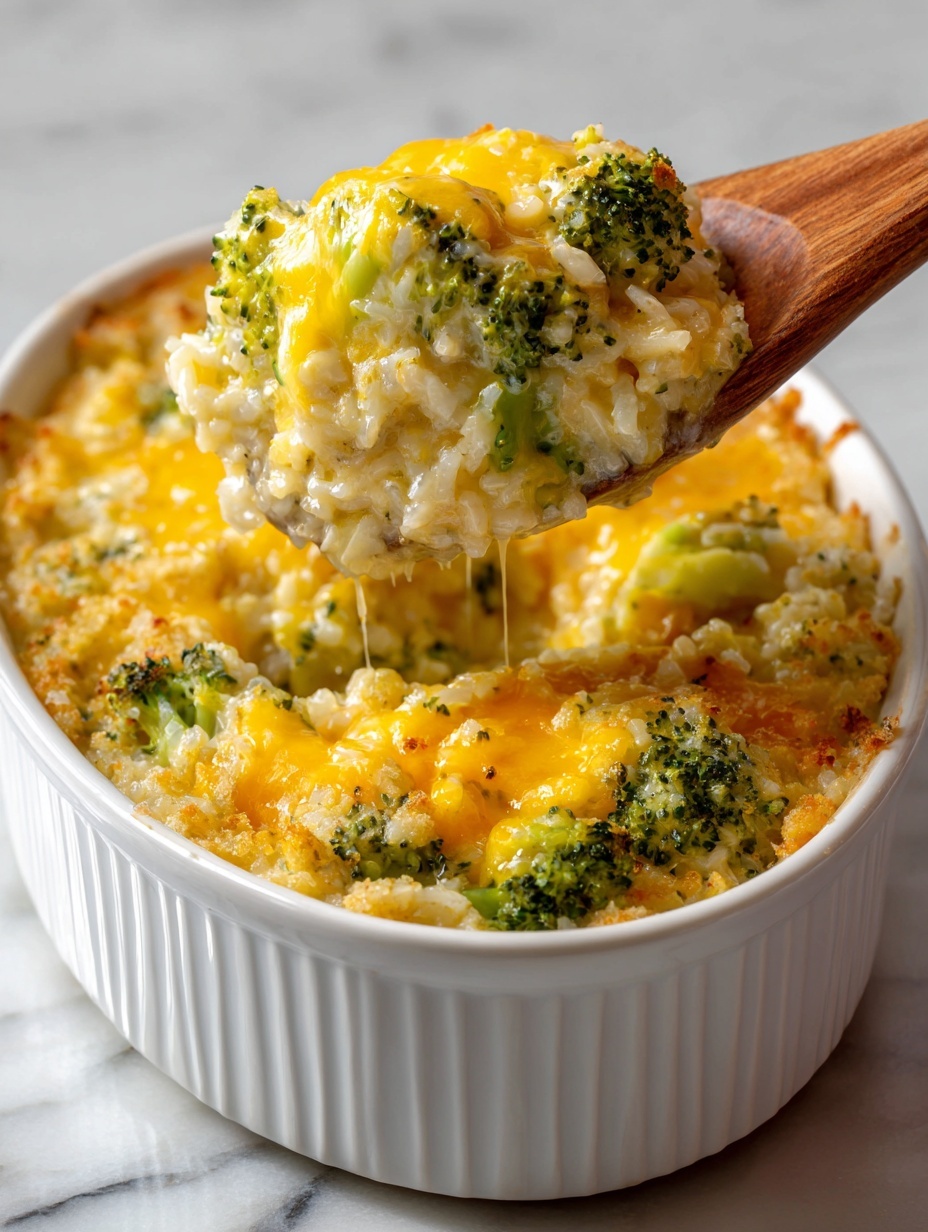 A white baking dish filled with a cheesy broccoli rice casserole, where the top is covered with melted bright orange cheese. A wooden spoon lifts a thick, chunky scoop showing layers of small green broccoli pieces mixed with soft white rice and melted cheese throughout. The casserole's texture looks soft with some shredded cheese strands on top and herbs visible in the mixture. The surface underneath is a white marbled texture photo taken with an iphone --ar 2:3 --v 7