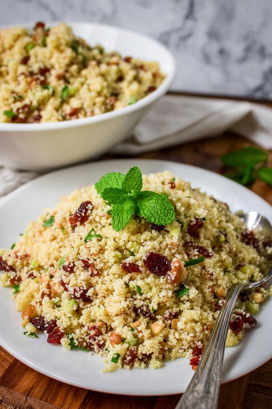 The image shows a white plate filled with a mound of couscous salad made up of small, pale yellow grains mixed with red dried cranberries, green chopped herbs, and small bits of nuts. The salad is topped with a fresh green mint leaf for garnish. To the side of the plate, a silver fork rests on the edge. Behind the plate is a large white bowl also filled with the same couscous salad. The setting is on a wooden surface with a white marbled background. The overall look is fresh and colorful, with a mix of soft grain textures and vibrant bits of fruit and herbs. photo taken with an iphone --ar 2:3 --v 7
