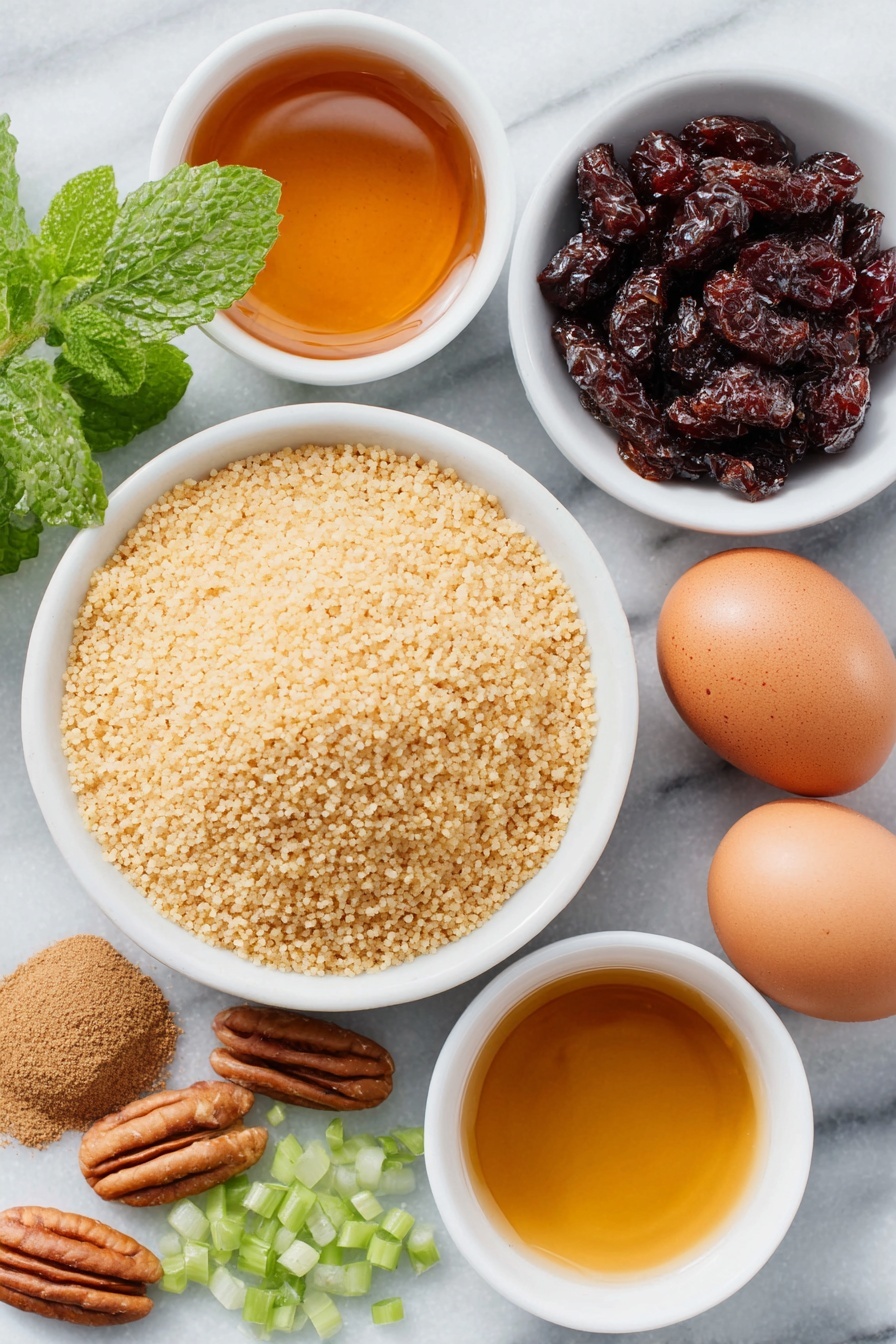 Flat lay of a mound of uncooked pale golden couscous grains, a small cluster of deep red dried cranberries, a few light brown pecan halves scattered elegantly, a small bunch of bright green fresh mint leaves, finely chopped vibrant green onion pieces, a small pile of warm brown ground cinnamon powder, tiny heaps of beige ground cumin and light greenish-beige ground cardamom powders, three smooth whole brown eggs with clean shells, and three small white ceramic bowls filled respectively with clear golden vegetable oil, amber honey, and amber apple cider vinegar, all arranged in perfect symmetry on a clean white marble surface, soft natural light, photo taken with an iPhone, professional food photography style, fresh ingredients, white ceramic bowls, no bottles, no duplicates, no utensils, no packaging --ar 2:3 --v 7 --p m7354615311229779997