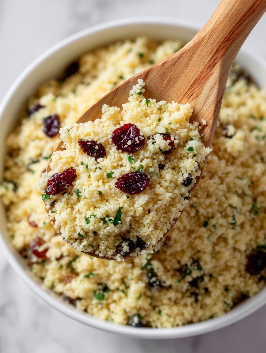 A close-up view of a bowl filled with cooked couscous mixed with small green herb pieces and red dried fruit bits. A light brown wooden spoon scoops some of the fluffy, pale yellow couscous from the white bowl, showing the grainy texture and the colorful green and red bits evenly spread throughout. The background is a white marbled texture, and the whole image feels warm and inviting. Photo taken with an iphone --ar 2:3 --v 7