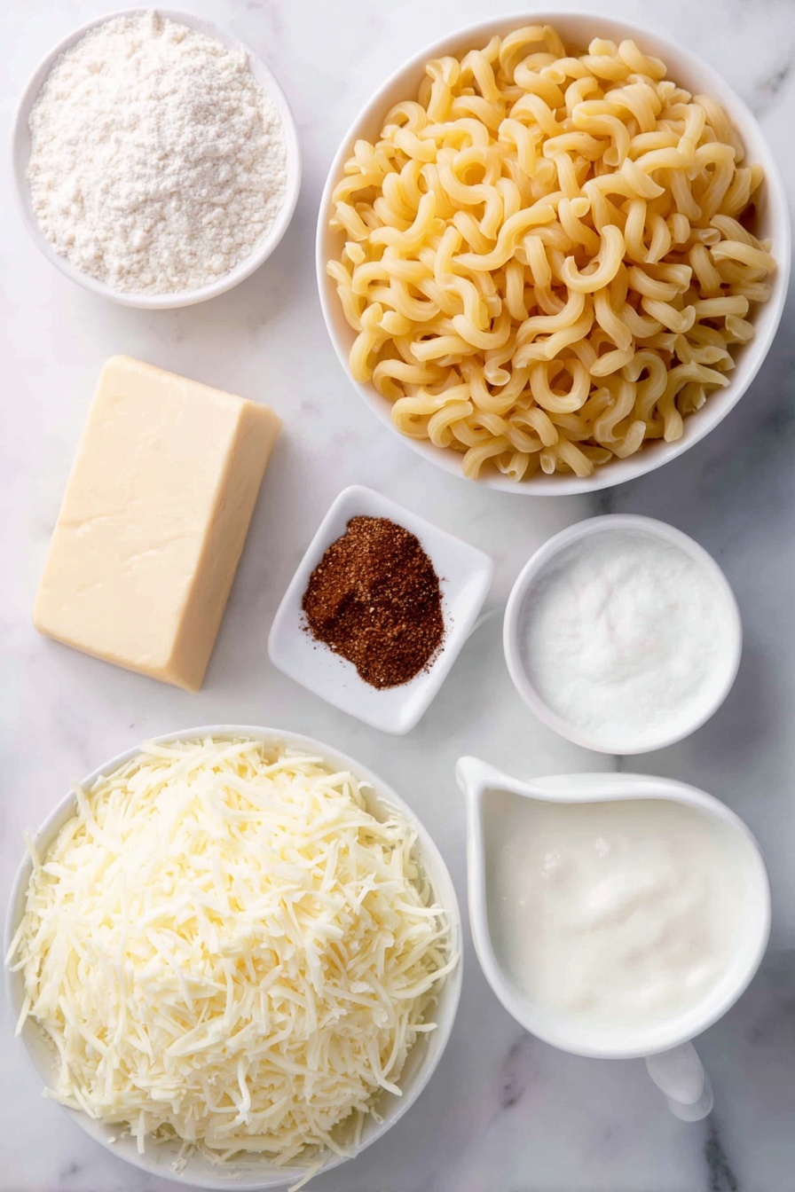 Flat lay of dried elbow pasta piled neatly, a stick of unsalted butter, a small mound of all purpose flour on a white ceramic plate, whole brown eggs with clean shells, small white bowls containing whole milk and half and half cream, a small bowl of shredded medium cheddar cheese, a small bowl of shredded Gruyere cheese, a small white bowl with coarse salt, another small white bowl with black peppercorns, and a small white bowl with vibrant smoked paprika powder, all arranged in perfect symmetry on a clean white marble surface, soft natural light, photo taken with an iPhone, professional food photography style, fresh ingredients, white ceramic bowls, no bottles, no duplicates, no utensils, no packaging --ar 2:3 --v 7 --p m7354615311229779997