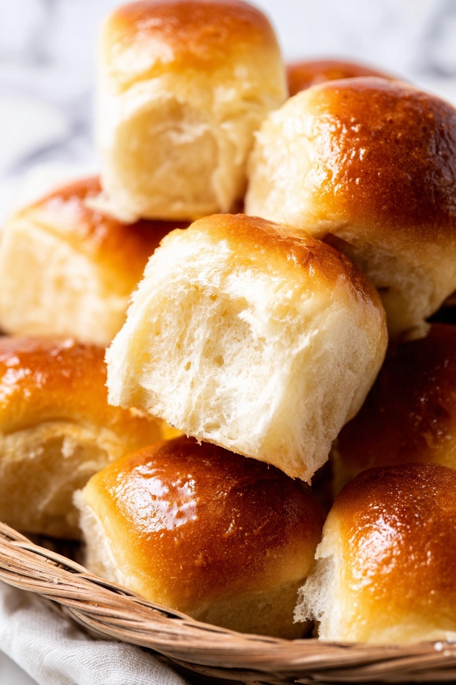 A close-up image shows a pile of soft bread rolls with shiny golden-brown tops and light, fluffy interiors. The rolls are arranged unevenly in a woven basket, with some pieces overlapping each other. The texture of the bread looks tender and airy, with some rolls torn open to reveal their inner softness. The background is a white marbled surface, and the lighting highlights the glossy tops of the rolls, giving them a fresh and warm appearance photo taken with an iphone --ar 2:3 --v 7