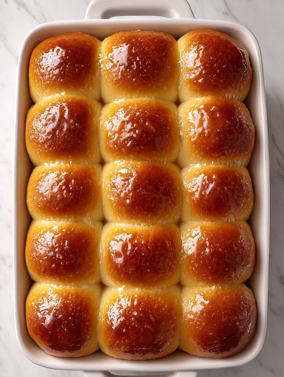 The image shows a close-up of a white baking dish filled with 16 soft, golden brown dinner rolls. The rolls are arranged in a 4 by 4 grid, each roll touching the other with smooth, shiny tops that have a slightly darker caramelized color in the center. The rolls have a glossy surface, likely from a butter glaze, and look fluffy and light. The baking dish sits on a white marbled surface. photo taken with an iphone --ar 2:3 --v 7
