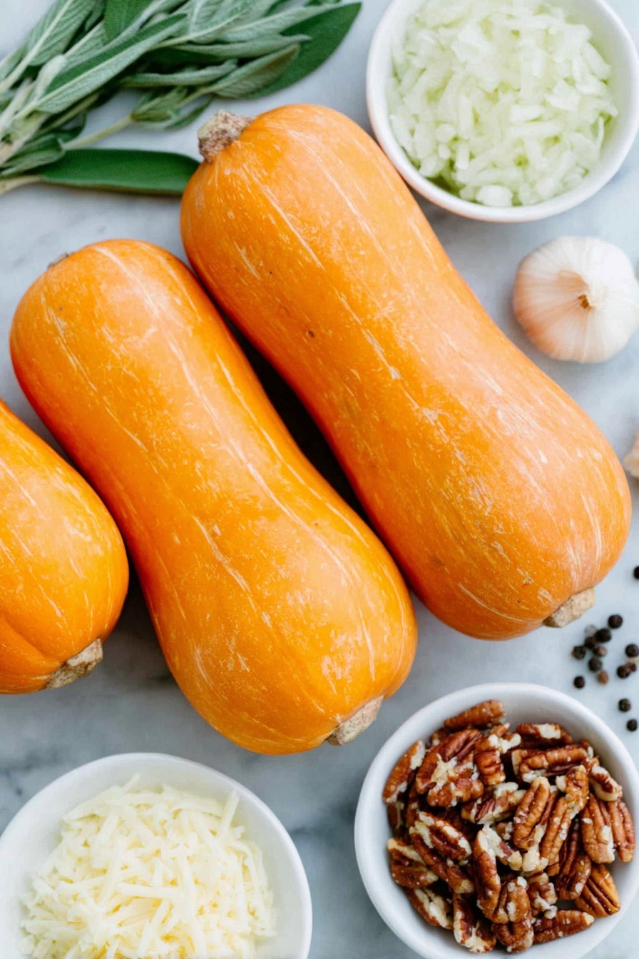 Flat lay of three whole fresh honeynut squashes with smooth orange skin, a small mound of thinly sliced pale purple shallots on a simple white ceramic plate, one whole uncracked white garlic clove, a few finely chopped fresh green sage leaves scattered loosely on the surface, a small white ceramic bowl filled with glossy extra-virgin olive oil, another small white bowl holding soft white crème fraîche, a neat pile of golden brown panko breadcrumbs on a white plate, a small heap of finely chopped light brown pecans on a white ceramic dish, a crisp pat of pale yellow butter, a small white bowl with finely grated pale yellow Parmesan cheese, a small white bowl of pure white kosher salt crystals, and a few whole black peppercorns arranged symmetrically — all components fresh and natural, placed on a clean white marble surface, soft natural light, photo taken with an iPhone, professional food photography style, fresh ingredients, white ceramic bowls, no bottles, no duplicates, no utensils, no packaging --ar 2:3 --v 7 --p m7354615311229779997