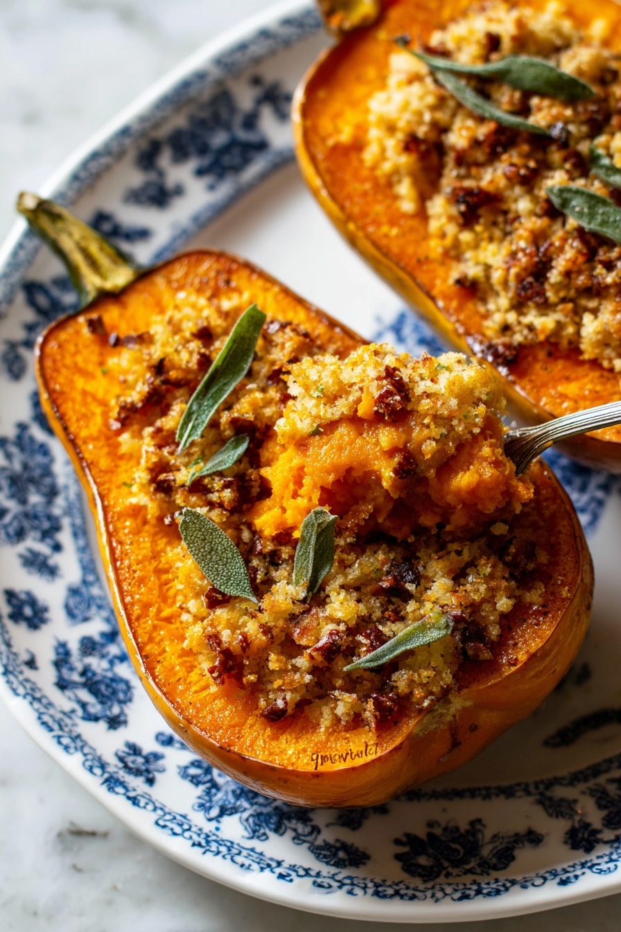 The image shows two halves of roasted squash placed on a white plate with blue floral patterns, sitting on a white marbled surface. Each squash half has a deep orange, soft, and slightly mashed flesh base, topped with a crumbly golden layer of chopped nuts and breadcrumbs. There are also small green herb leaves scattered on top, adding a touch of color and texture. One squash half has a utensil scooping into the soft flesh, showing the creamy inside with some of the crunchy topping mixed in. Photo taken with an iphone --ar 2:3 --v 7