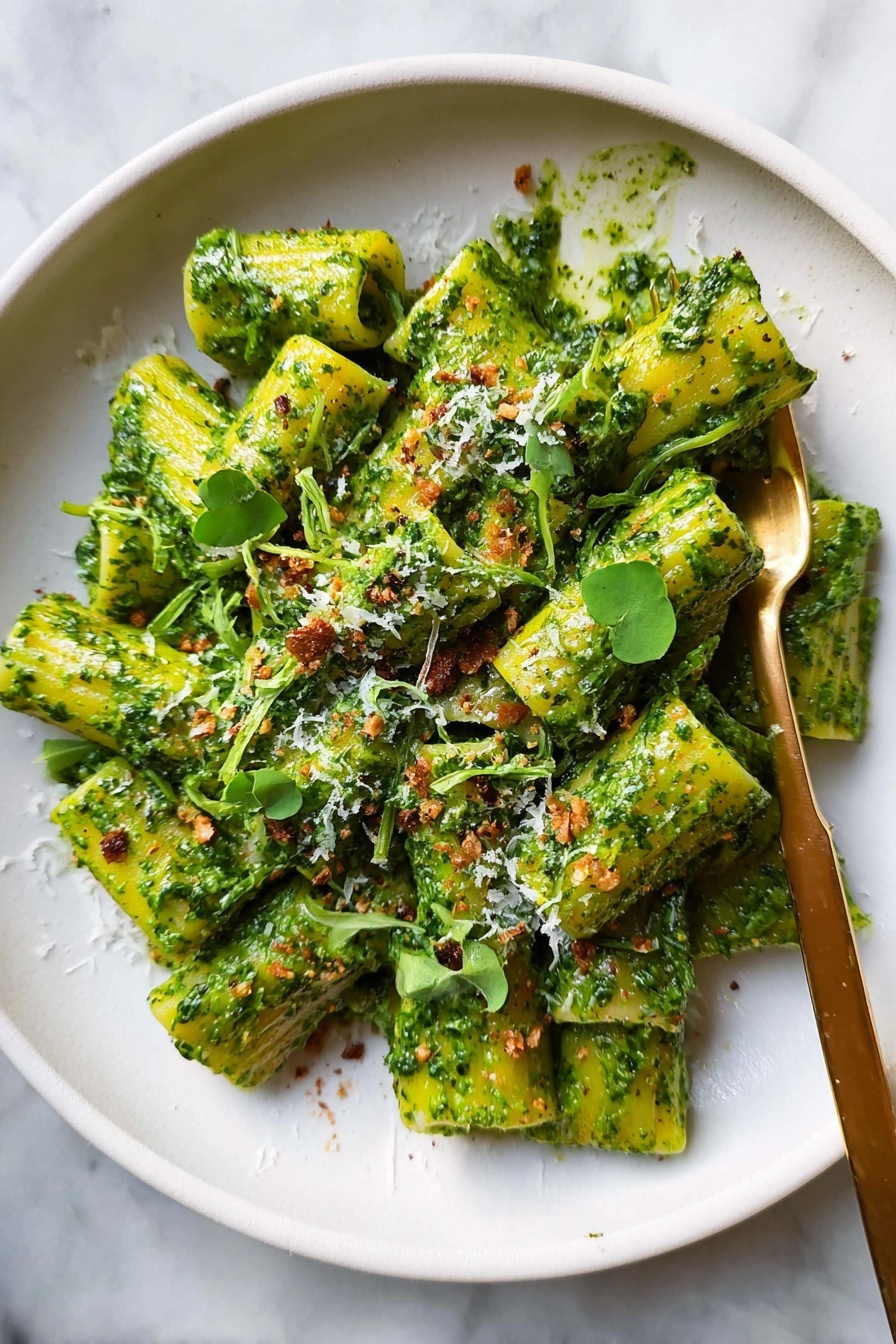 A white plate holds a serving of rigatoni pasta fully covered in thick, bright green pesto sauce with visible small herb bits. On top, there are small dark green fresh leaves scattered around, along with grated white cheese and light brown crunchy crumbs sprinkled unevenly. A gold fork is placed on the pasta, with its tines partly inside a few rigatoni pieces, all sitting on a white marbled surface. photo taken with an iphone --ar 2:3 --v 7