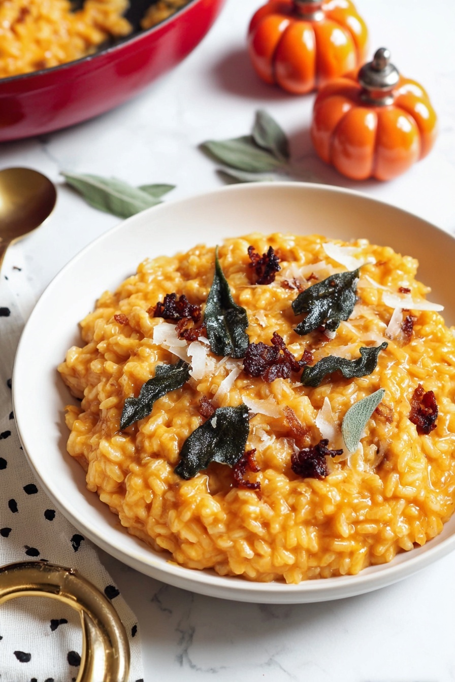 A white shallow bowl filled with creamy orange risotto, covered with small pieces of dark brown crispy bits and several dark green fried sage leaves scattered on top. The risotto has a slightly shiny texture with some light cream or cheese shavings around. The bowl sits on a white marbled surface with two small orange pumpkin-shaped salt and pepper shakers in the background. A red pan with more risotto is partially shown on the left side, and a black and white polka-dot cloth with a gold skull-shaped napkin ring is at the bottom of the image. Photo taken with an iphone --ar 2:3 --v 7