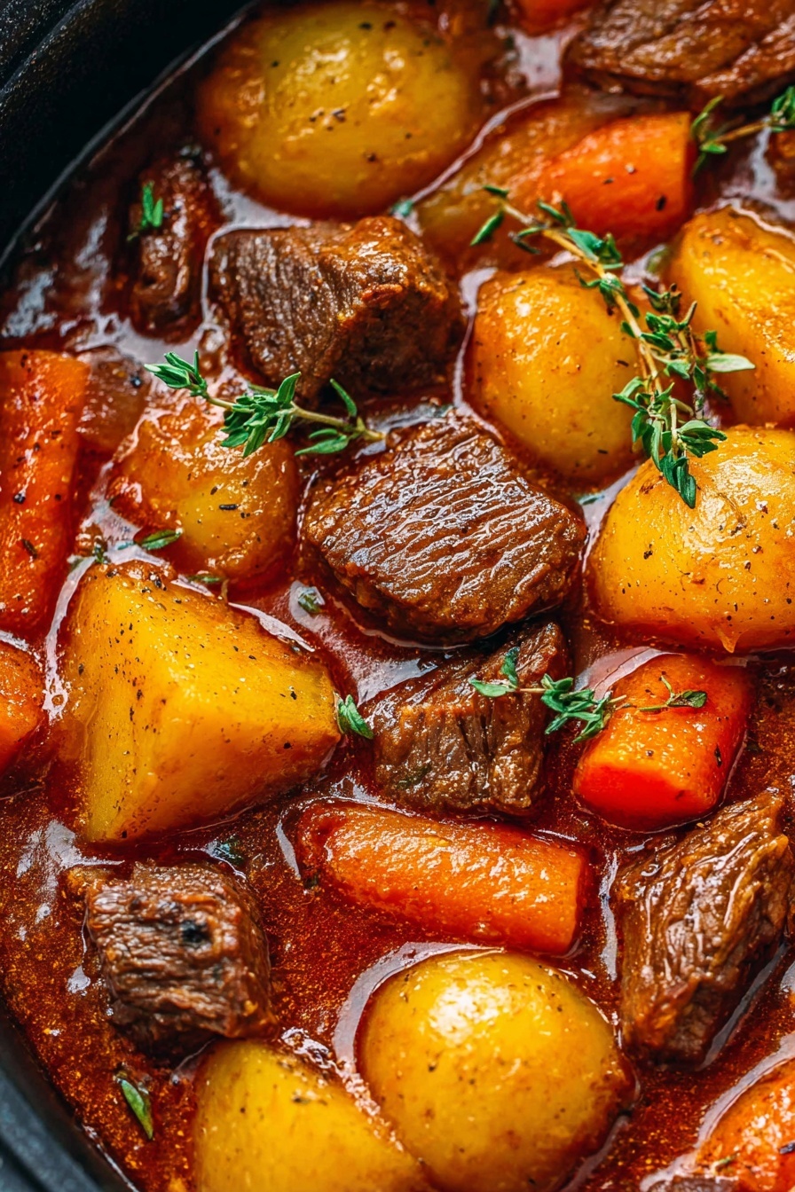 The image shows a close-up view of a beef stew with three main layers: chunks of browned beef with a rough, textured surface, large yellow potato pieces with a smooth and slightly shiny look, and bright orange carrot chunks with a firm texture. There are also translucent cooked onion pieces with soft folds, all mixed in a thick reddish-brown sauce that looks glossy and rich. Small green herbs are scattered over the stew, adding contrast and freshness. The dish sits in a white bowl, and the background has a white marbled texture. photo taken with an iphone --ar 2:3 --v 7