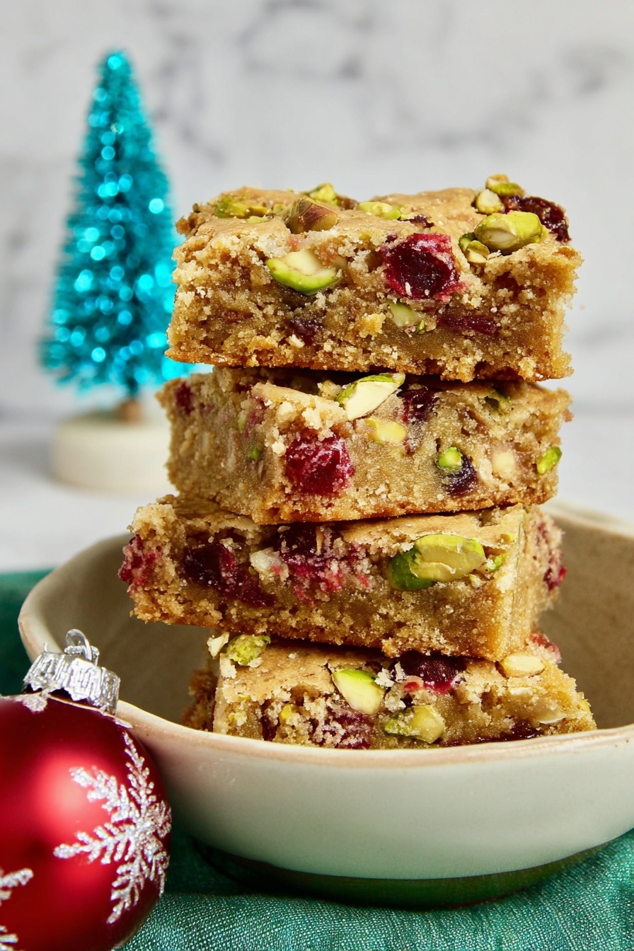 A stack of four rectangular dessert bars sits on a white plate with a green rim shaped like a leaf. Each bar is light brown with visible pieces of red berries and green pistachio nuts mixed throughout, creating a colorful texture. The bars look soft but firm, with small chunks of white nuts adding to the texture. Around the plate are small green and red Christmas ornaments, two blue frosted miniature trees, and a green textured napkin with more ornaments on a white marbled surface and a blurred white brick wall background. Photo taken with an iphone --ar 2:3 --v 7