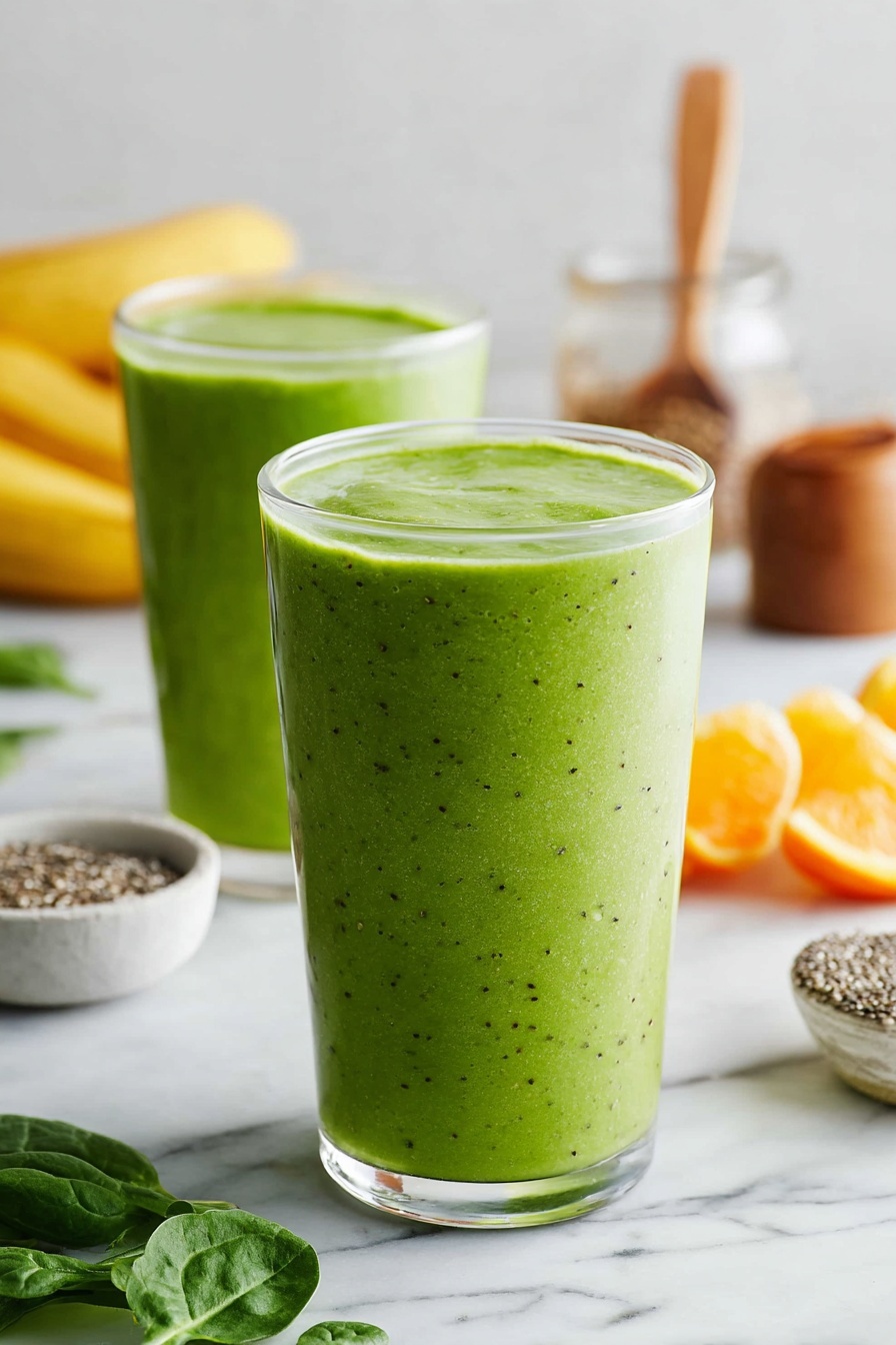 Two tall clear glasses are filled with a smooth bright green smoothie. The front glass is full and shows a creamy, thick texture with small darker green specks inside. Behind it is a second glass also filled with the green smoothie, slightly blurred. The scene includes some fresh spinach leaves scattered on a white marbled surface, a bunch of yellow bananas out of focus in the background to the left, a peeled orange and its segments on the right, a small white bowl with dark chia seeds and a wooden spoon, and a glass jar with a light brown powder and a wooden spoon in the background to the right. The whole setup is bright and fresh-looking with soft natural light. photo taken with an iphone --ar 2:3 --v 7