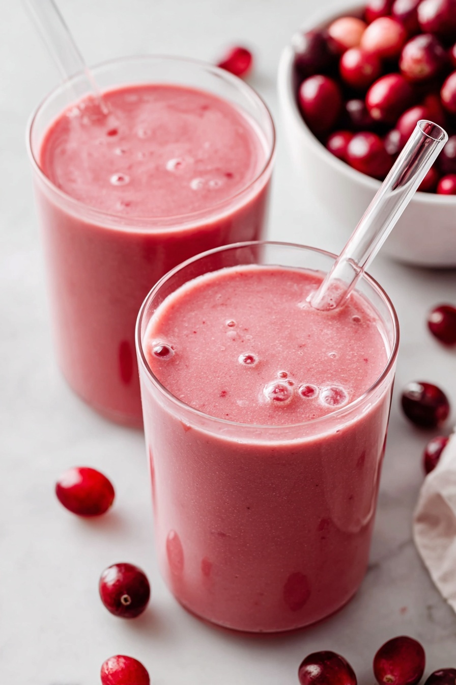 Two clear glasses filled with a smooth, pink smoothie that has tiny bubbles on the surface. The front glass has a clear glass straw placed at an angle, emerging from the thick pink liquid. Around the glasses, there are whole and halved red cranberries scattered on a white marbled surface. In the background, there is a white bowl filled with fresh cranberries, slightly blurred to keep focus on the smoothies. The scene is bright and clean, showing fresh, healthy smoothie drinks. photo taken with an iphone --ar 2:3 --v 7